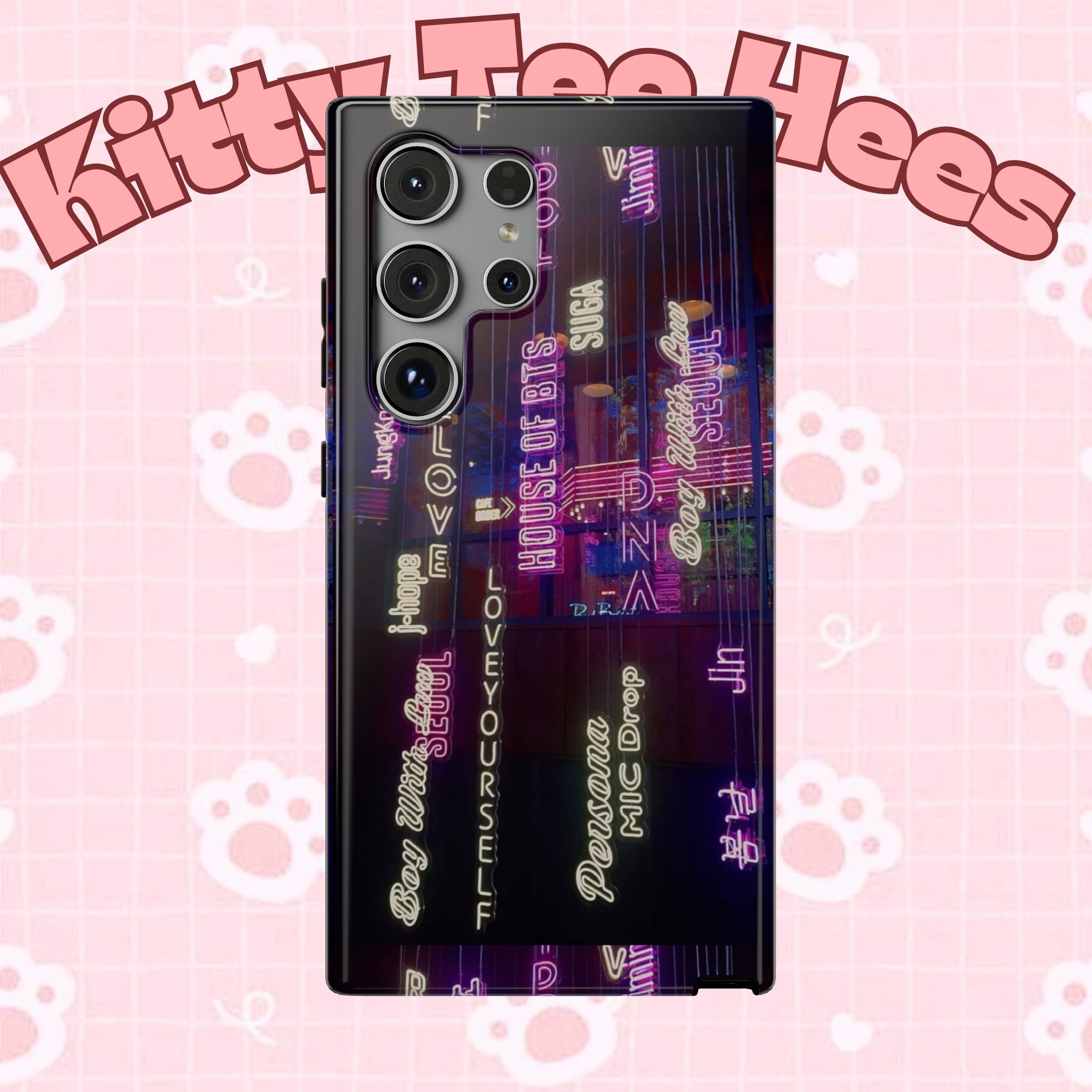 Neon Korean script BTS phone case for iPhone and Samsung, impact-resistant design featuring Bangtan Sonyeondan branding.