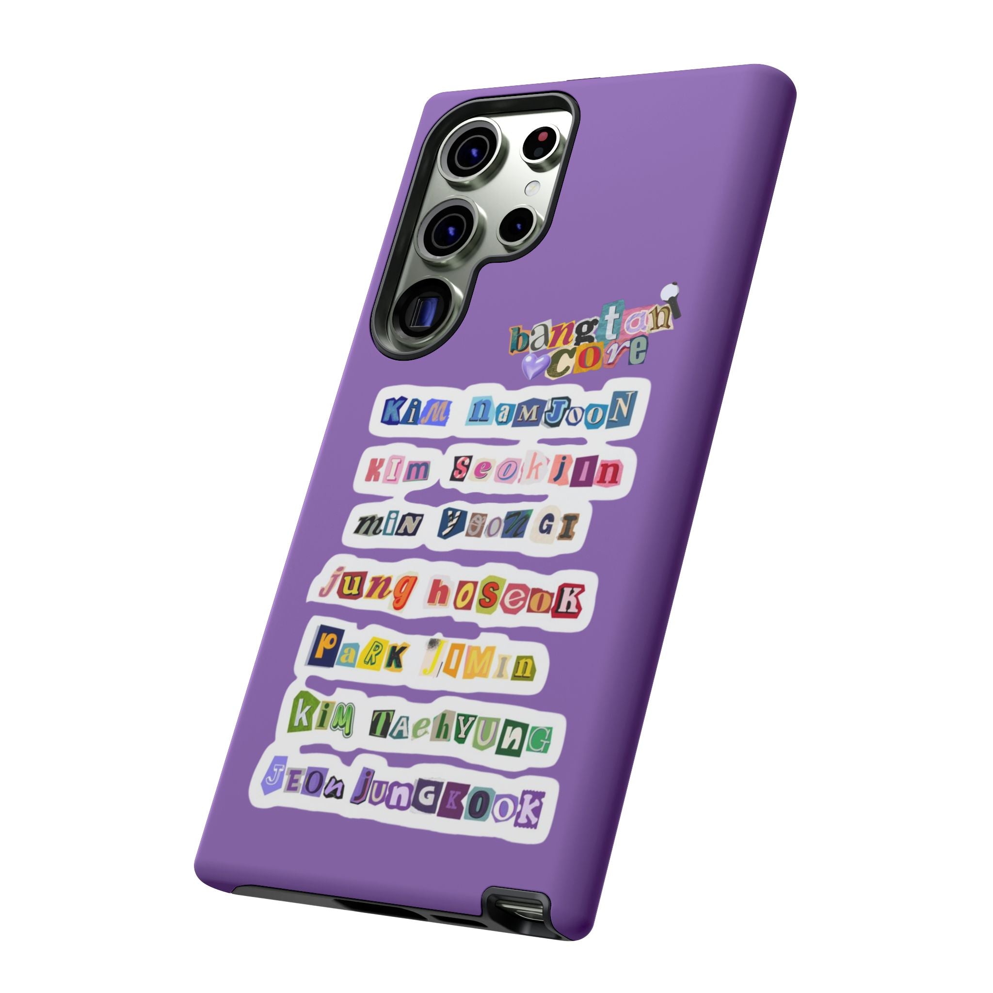 Printify BTS member names phone case featuring Jungkook, Jimin, and RM for iPhone 17 with tough protective design