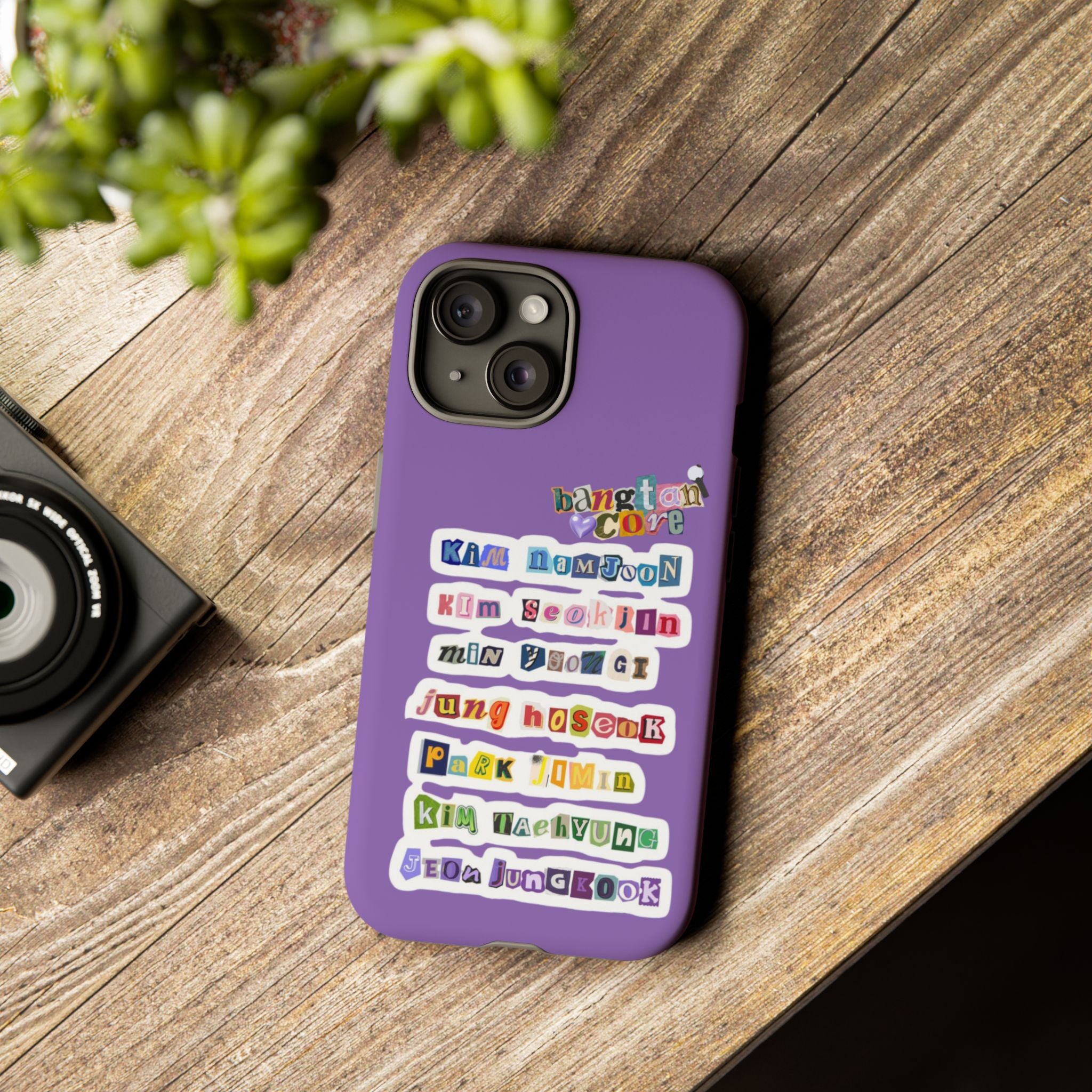 Printify BTS phone case featuring Jungkook, Jimin, and Rap Monster designs for iPhone 17, durable tough case with member names.
