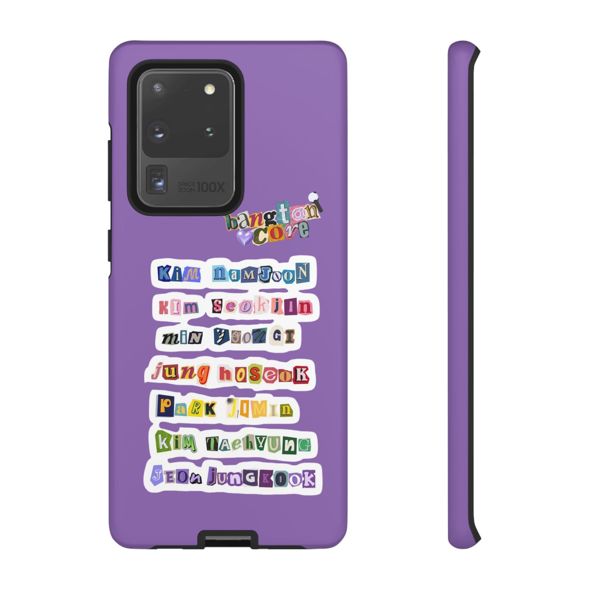 BTS member names phone case with Jungkook, Jimin, Rap Monster designs for iPhone 17, tough Printify brand phone case.