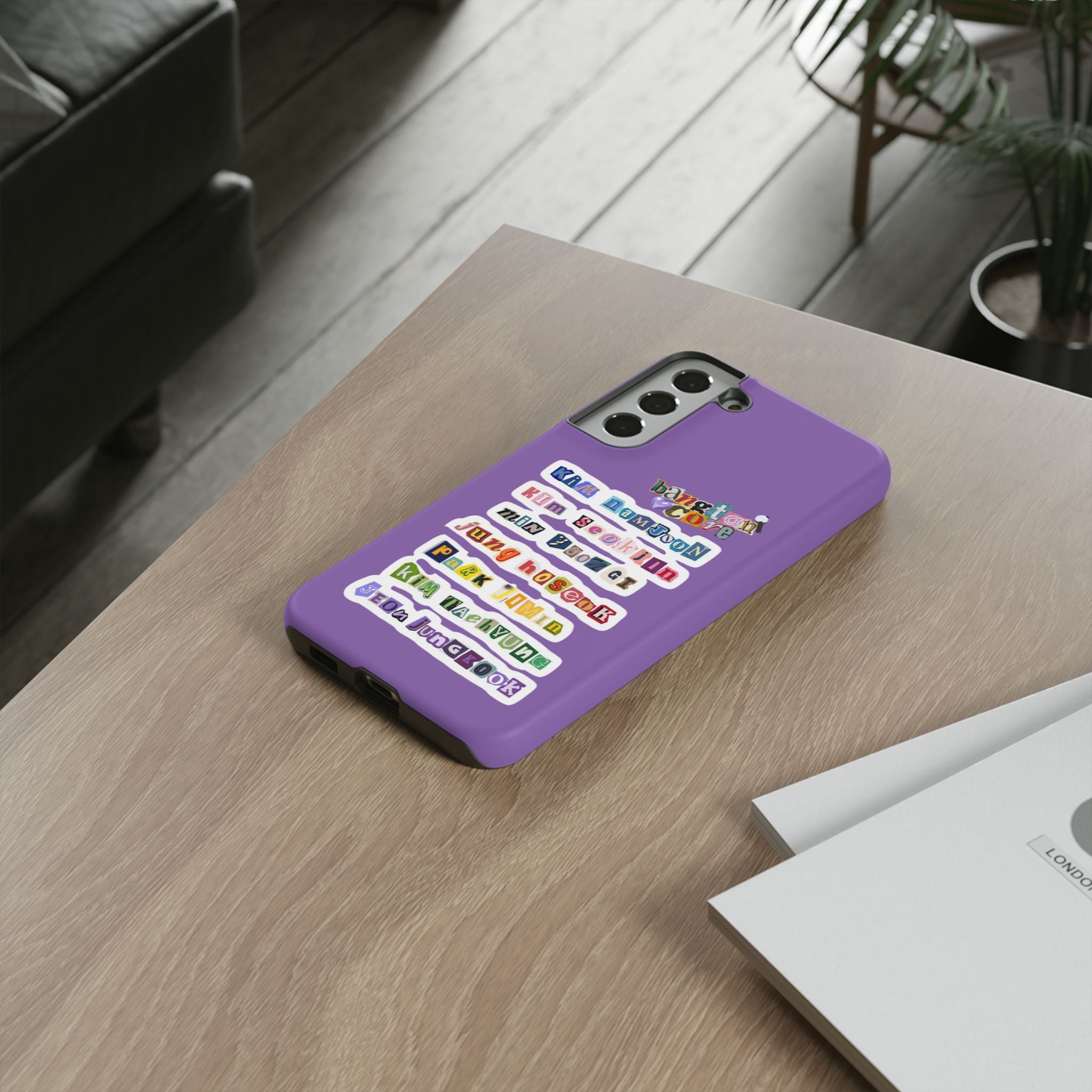 BTS member names phone case featuring Jungkook, Jimin, and Rap Monster for iPhone 17, tough printed case by Printify.