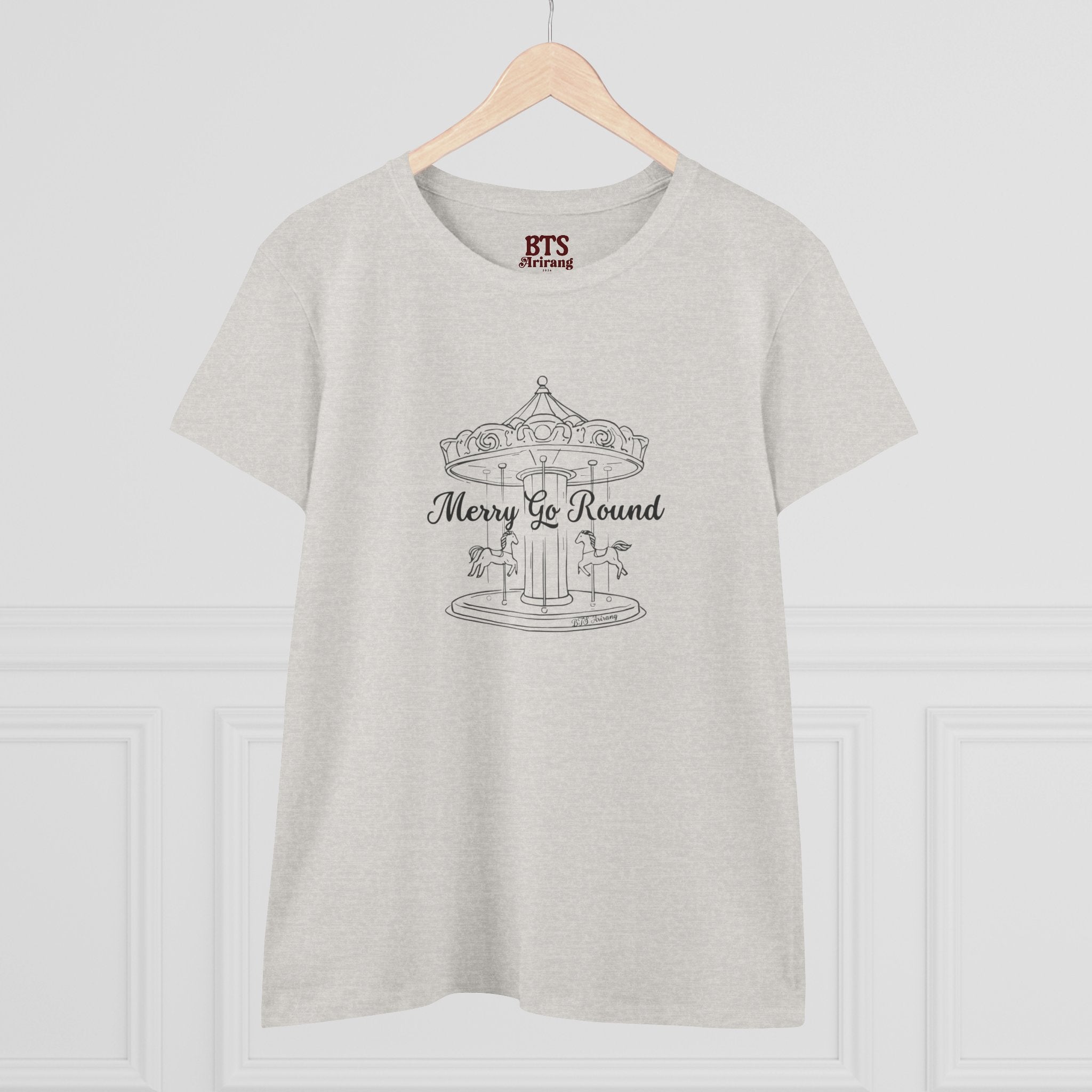 Printify Merry Go Round BTS Arirang 2026 album carousel sketch T-shirt with lyric script back print, casual and stylish clothing.