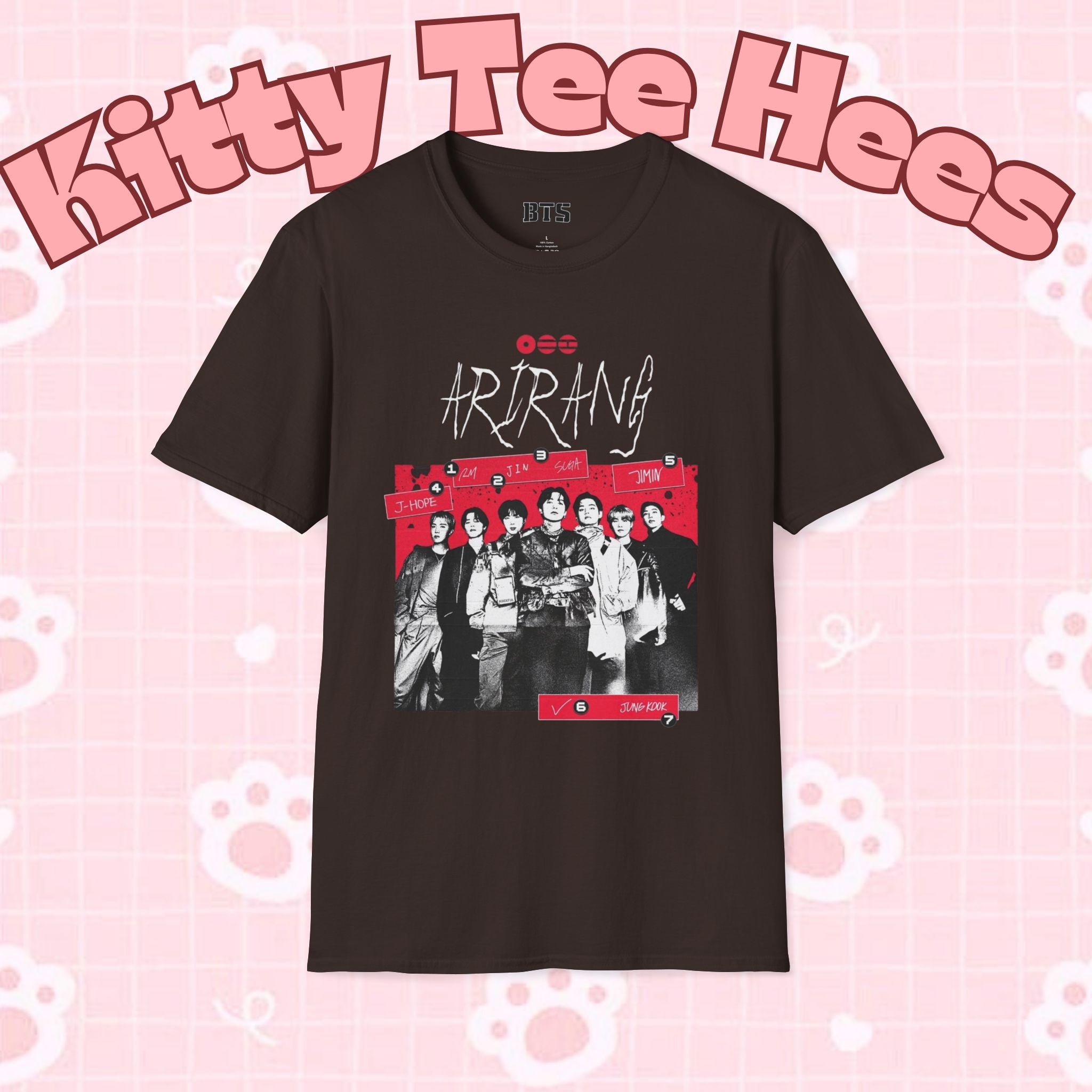 Black BTS concert T-shirt featuring Bangtan Boys band photo, K-pop merch, stylish print, and comfortable fit from Printify.