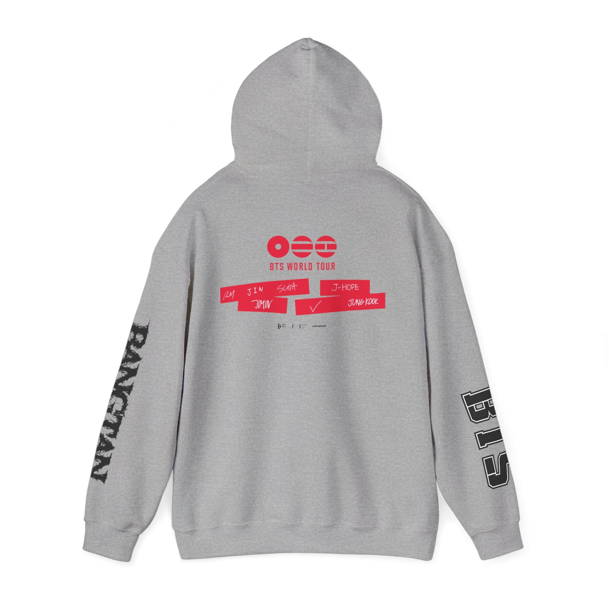 ARIRANG BTS World Tour hoodie with Bangtan sleeve design, graphic print, comfortable sweatshirt inspired by BTS concert fashion.