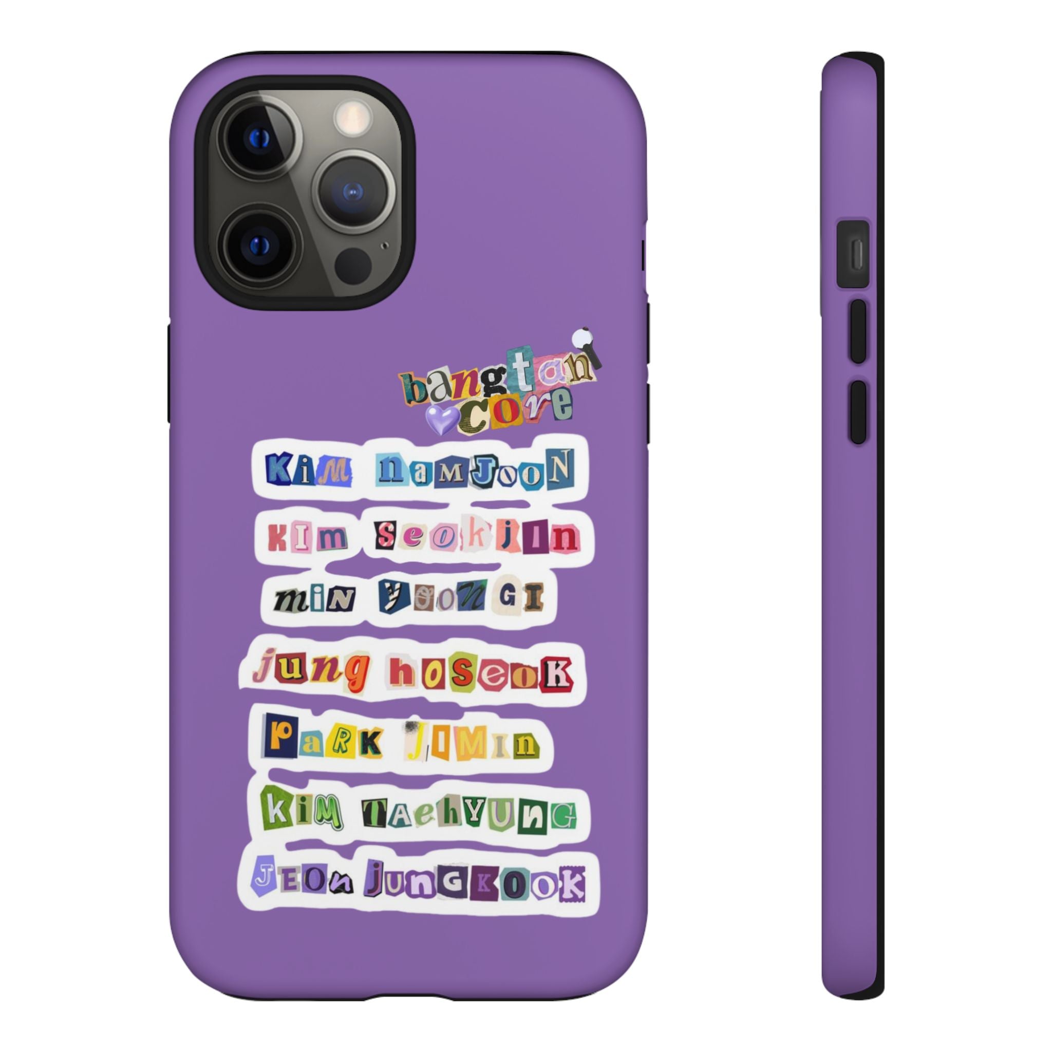 Printify BTS member names phone case featuring Jungkook, Jimin, and RM for iPhone 17, with a durable tough case design.