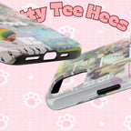 Printify BTS collage phone case for iPhone and Samsung with pastel hot air balloon and K-pop photo collage design.
