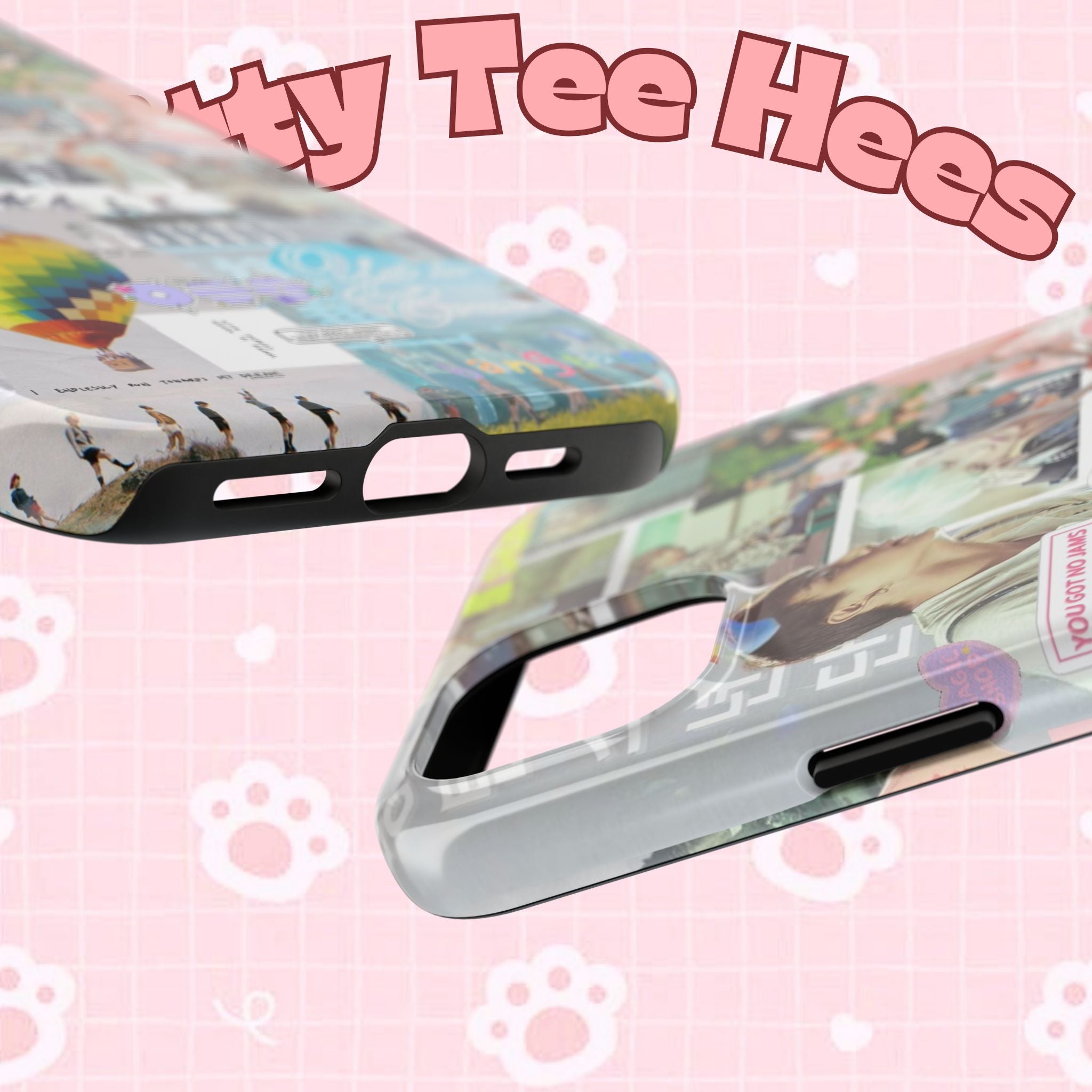 Printify BTS collage phone case for iPhone and Samsung with pastel hot air balloon and K-pop photo collage design.