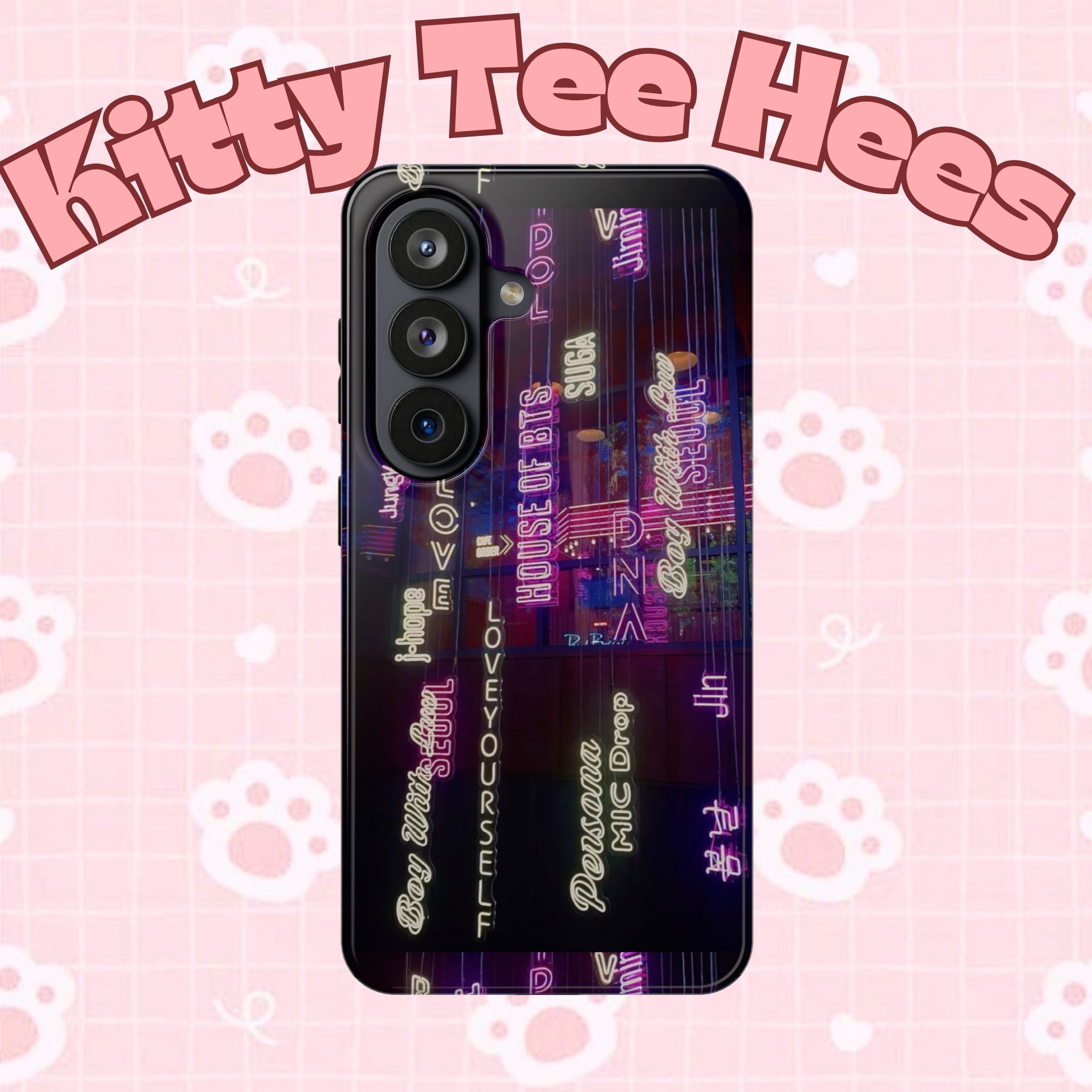 Neon Korean script BTS phone case for iPhone and Samsung, impact-resistant design with Bangtan Sonyeondan branding.
