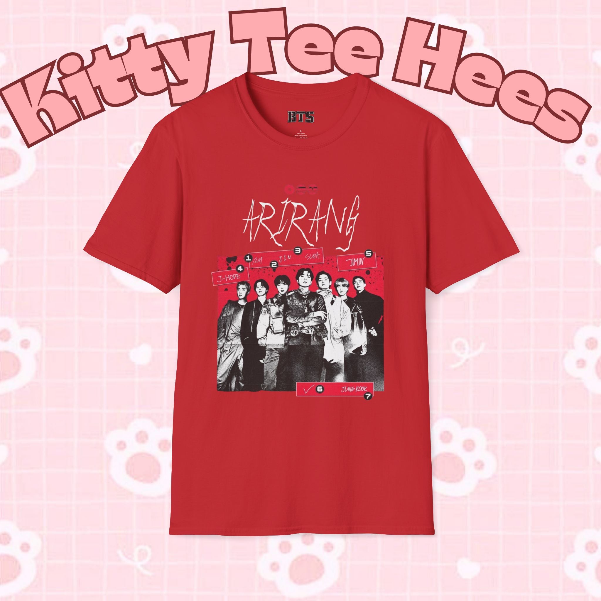 Arirang2026 BTS concert T-shirt featuring band photo, K-pop group merchandise, casual printify tee for fans