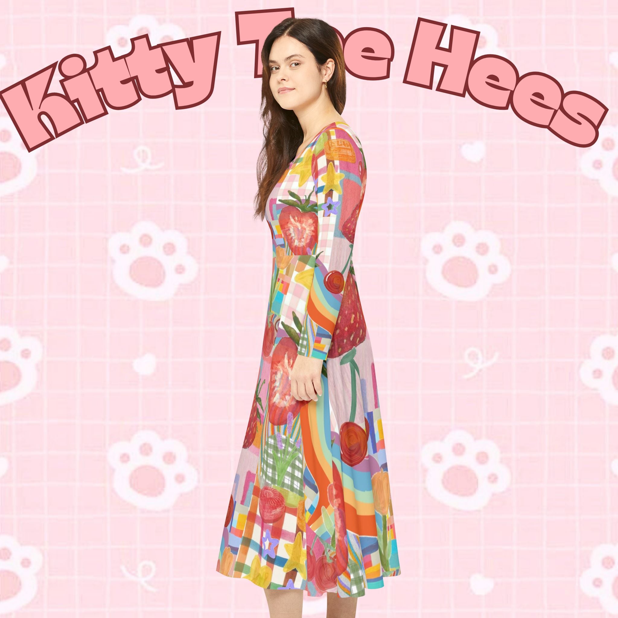 Printify strawberry picnic floral long sleeve dress with all-over print, perfect for casual spring and summer garden outings.