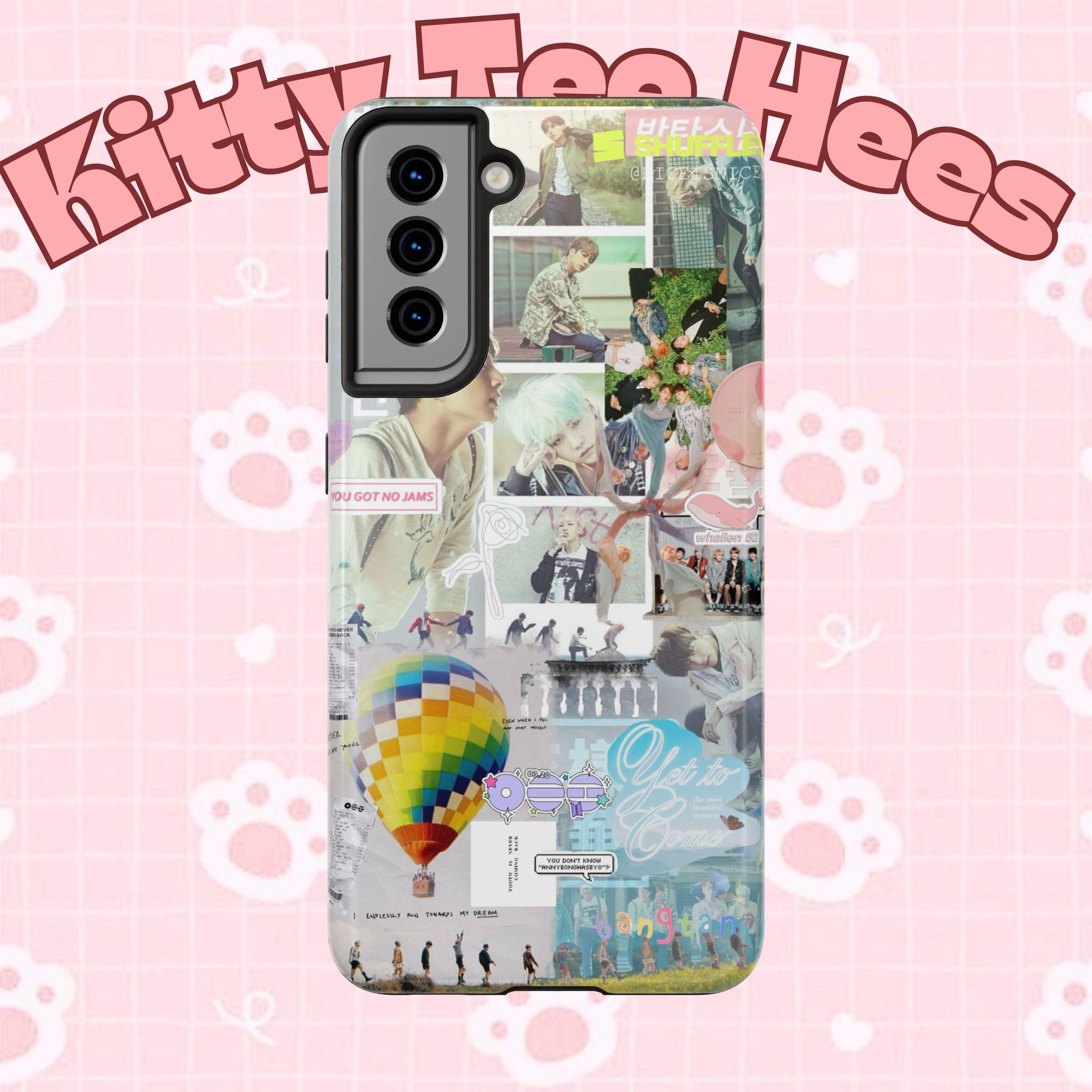Printify BTS collage phone case for iPhone and Samsung featuring pastel hot air balloon and K-Pop photo collage design.