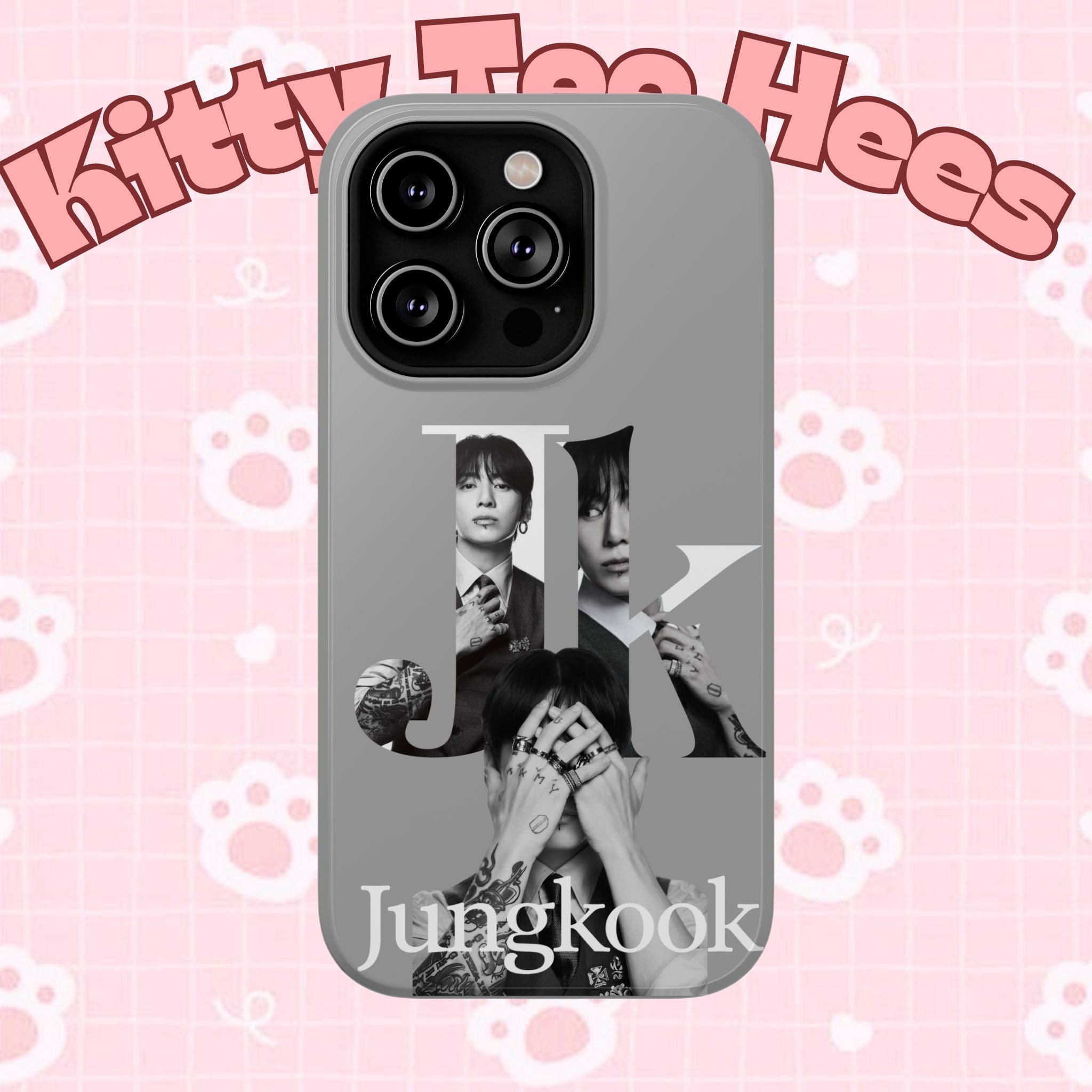 Impact-resistant phone case featuring monochrome letter design of Jungkook from BTS, by Printify.