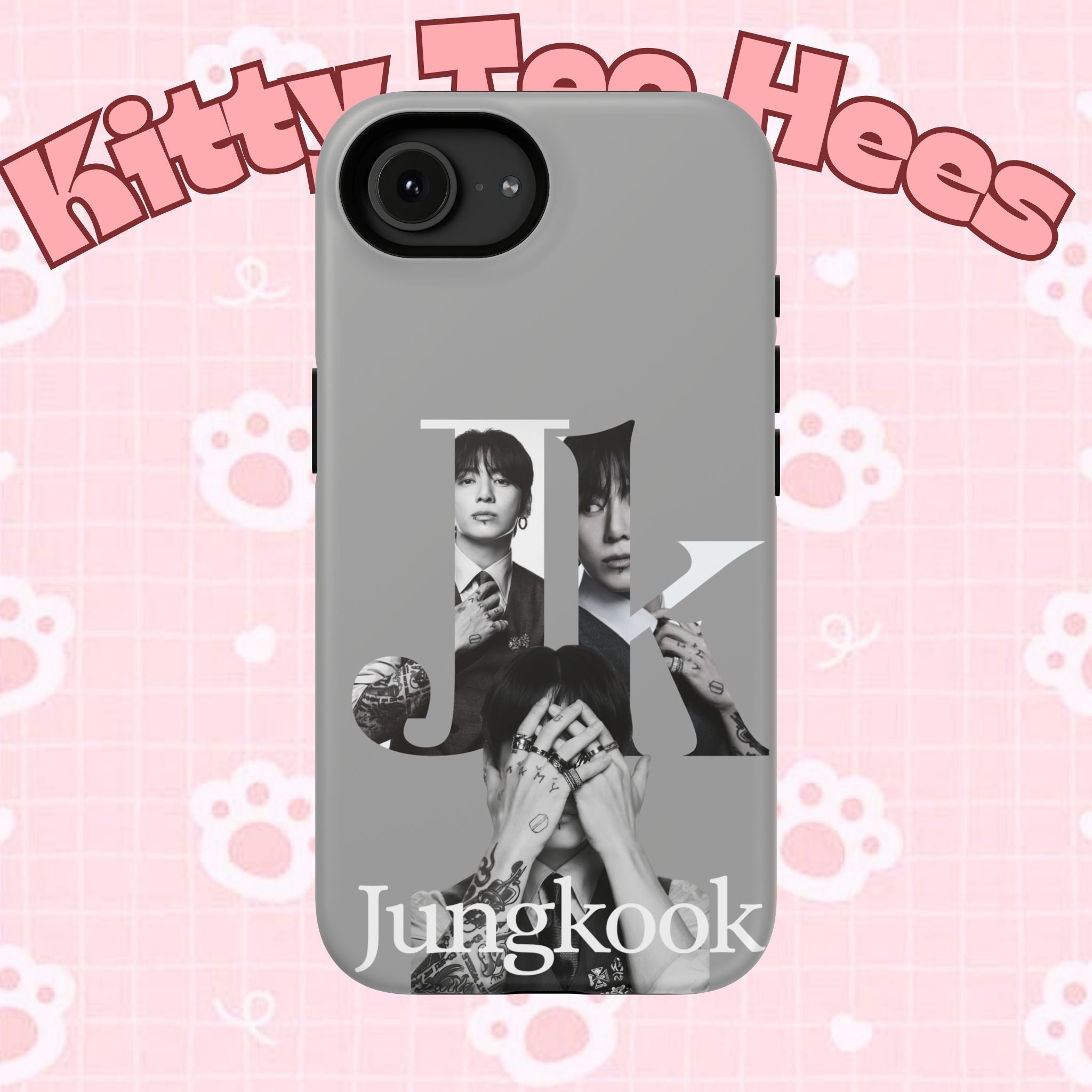 Monochrome BTS Jungkook impact-resistant phone case featuring bold letter design, made by Printify for Galaxy or iPhone.