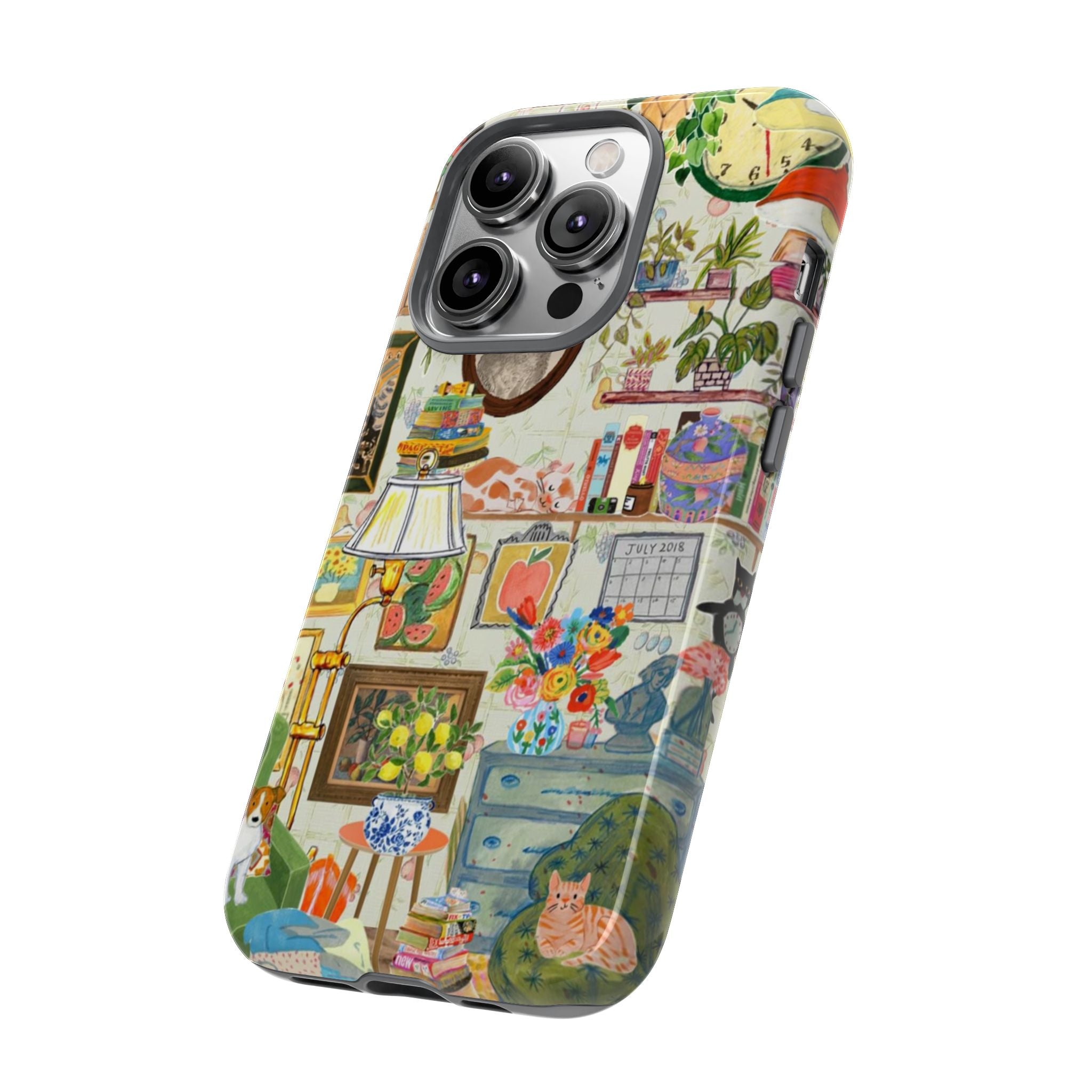 Cute cat portrait phone case for iPhone 17 by Printify, featuring a cozy living room pet home design.