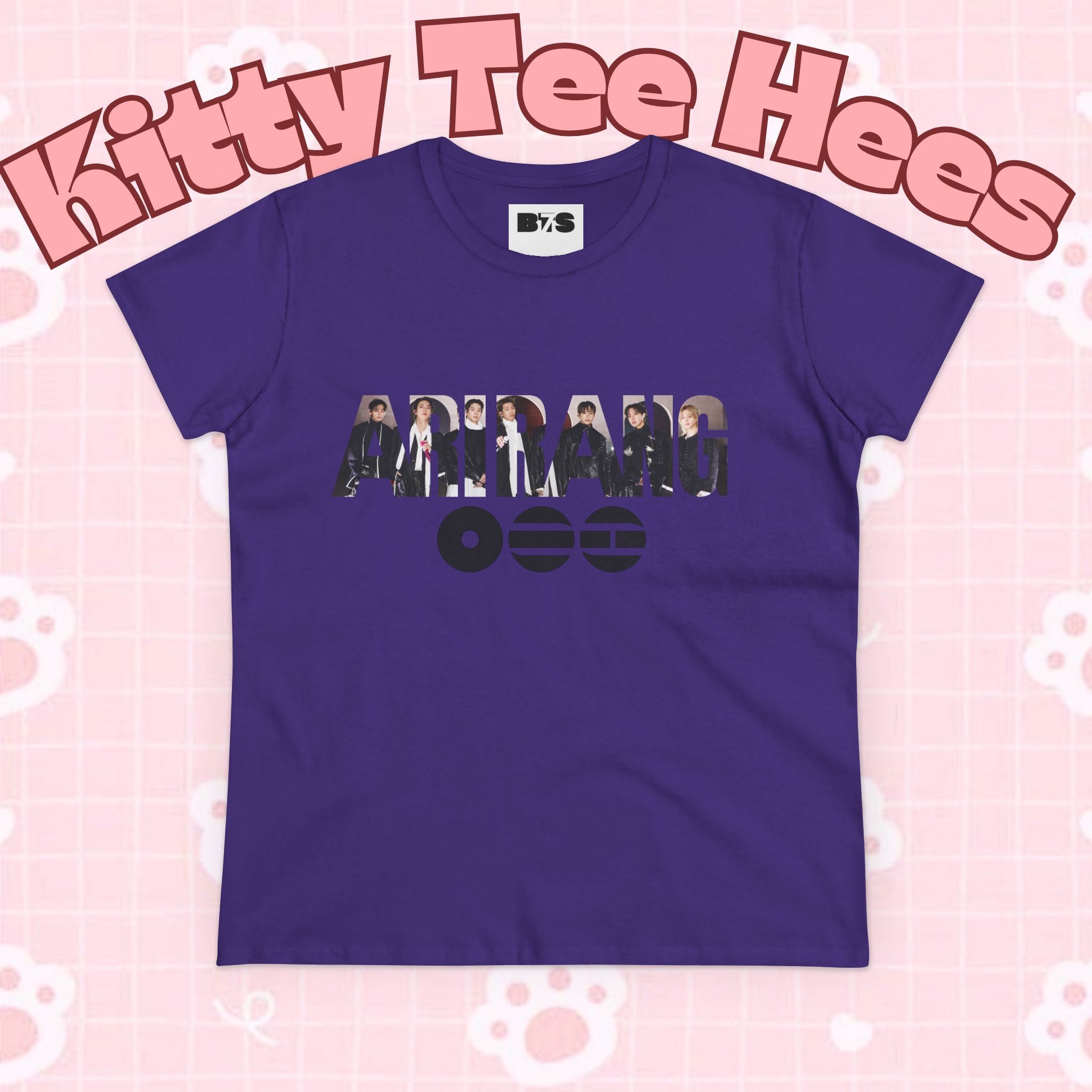 BTS ARIRANG graphic T-shirt by Printify featuring BTS logo, member names, and colorful design on a casual cotton tee