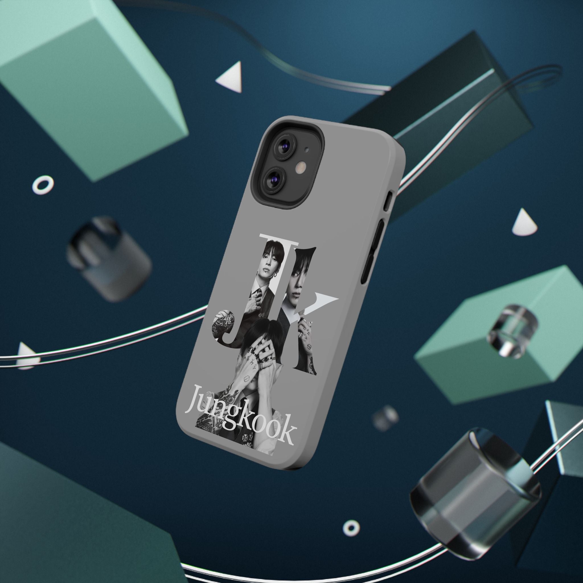 Monochrome BTS Jungkook phone case by Printify featuring impact-resistant design and stylized letter branding.