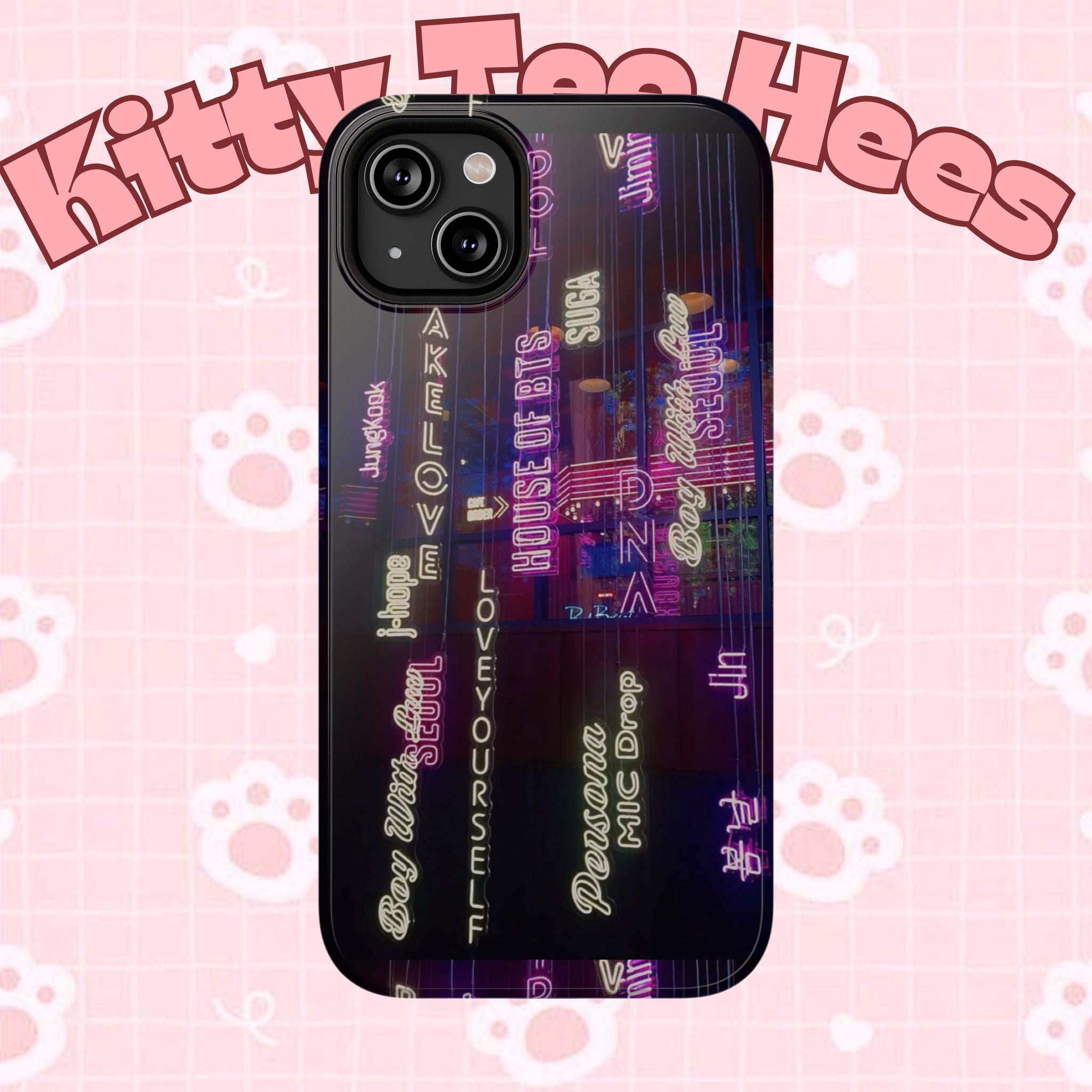 Neon Korean script impact-resistant phone case for iPhone and Samsung featuring BTS Bangtan Sonyeondan branding.