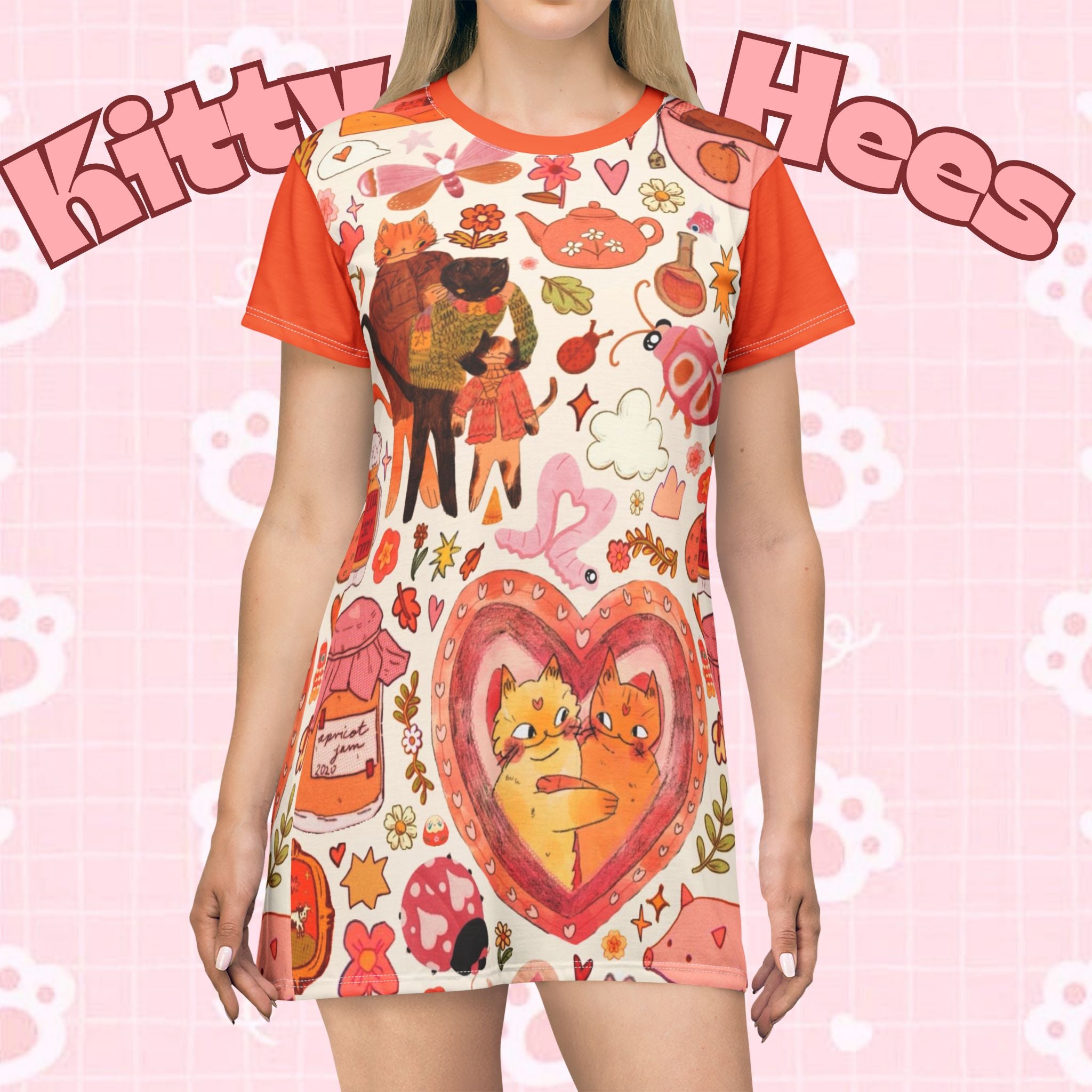 Orange Whimsical Cat Print T-Shirt Dress by Printify featuring playful cat designs, perfect for kids and adults, casual summer wear.