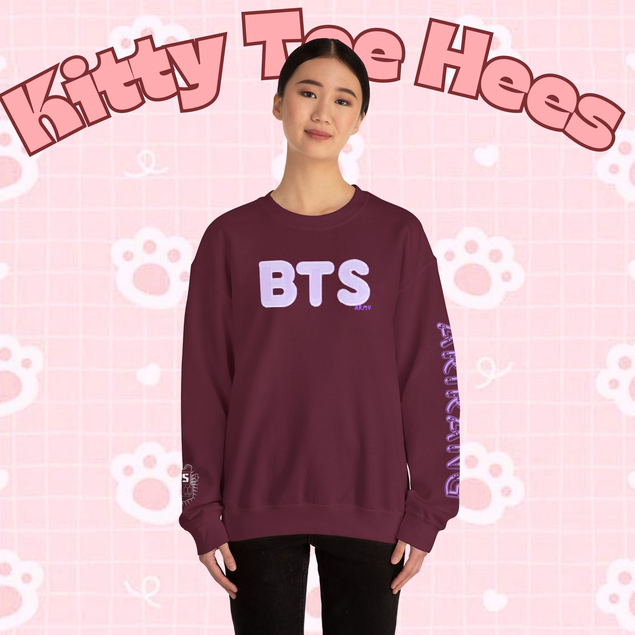 Lavender BTS Logo arirang crewneck sweatshirt featuring band logo and comeback print, K-pop concert sweater by Printify.