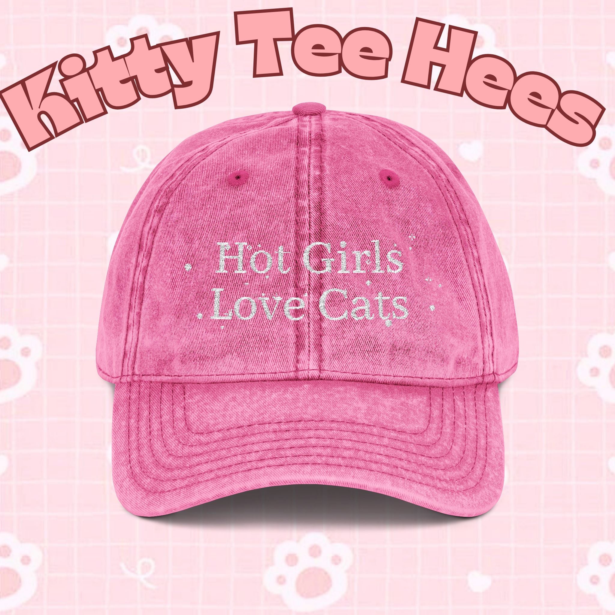 Vintage style embroidered cap featuring "Hot Girls Love Cats" design, casual wear hat by Printify, perfect for fans of cats and vintage fashion.