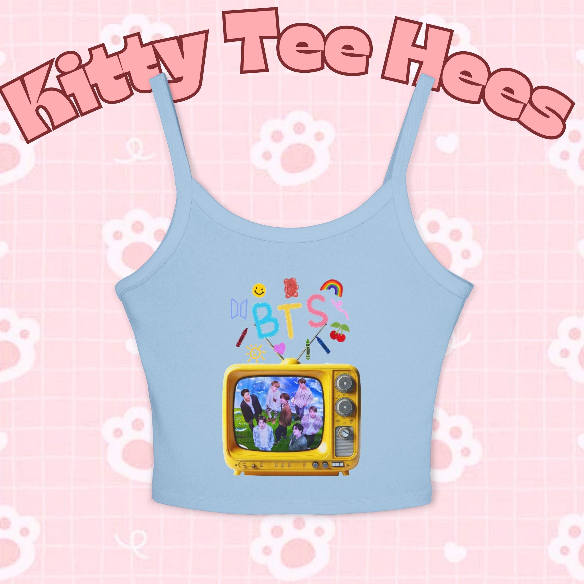 Kids' BTS tank top featuring a retro television K-pop graphic design, soft fabric, and vibrant BTS logo from Printify.