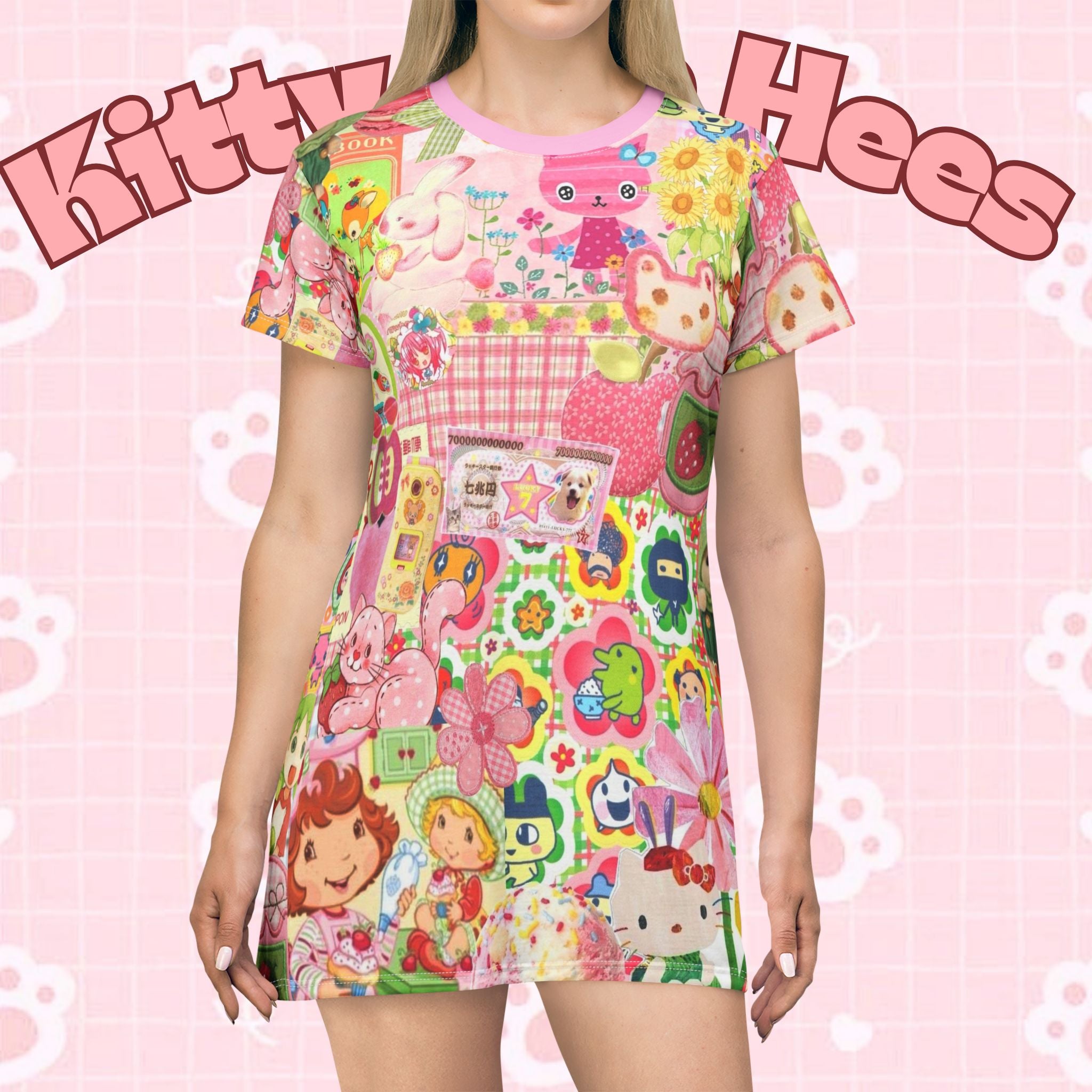 Vintage-inspired Strawberry Cake Dreams T-shirt dress with picnic floral print, kawaii casual style, all-over print by Printify