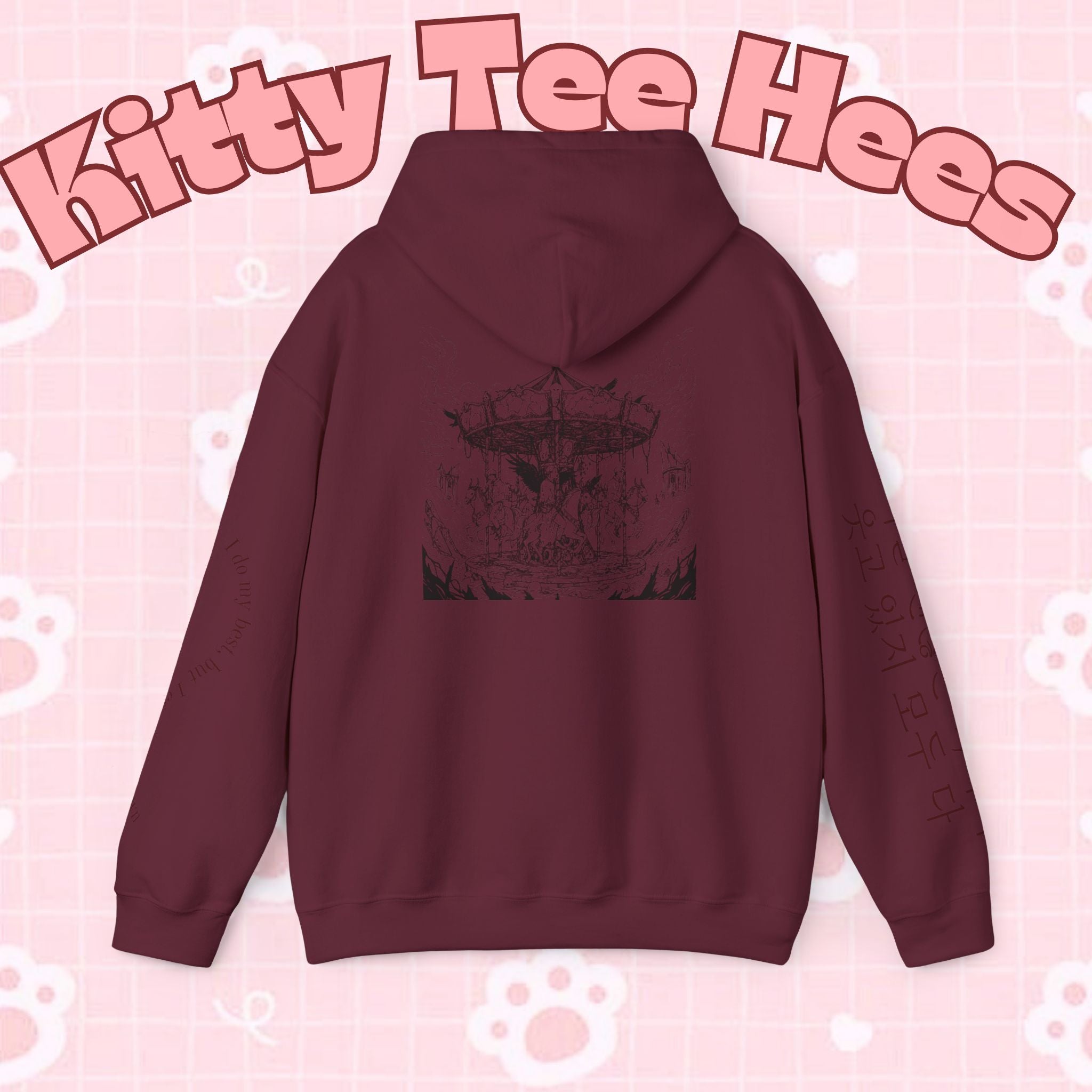 BTS Merry-go-round Arirang 2026 hoodie with carousel illustration, Korean script sleeves, and BTS lyric design by Printify