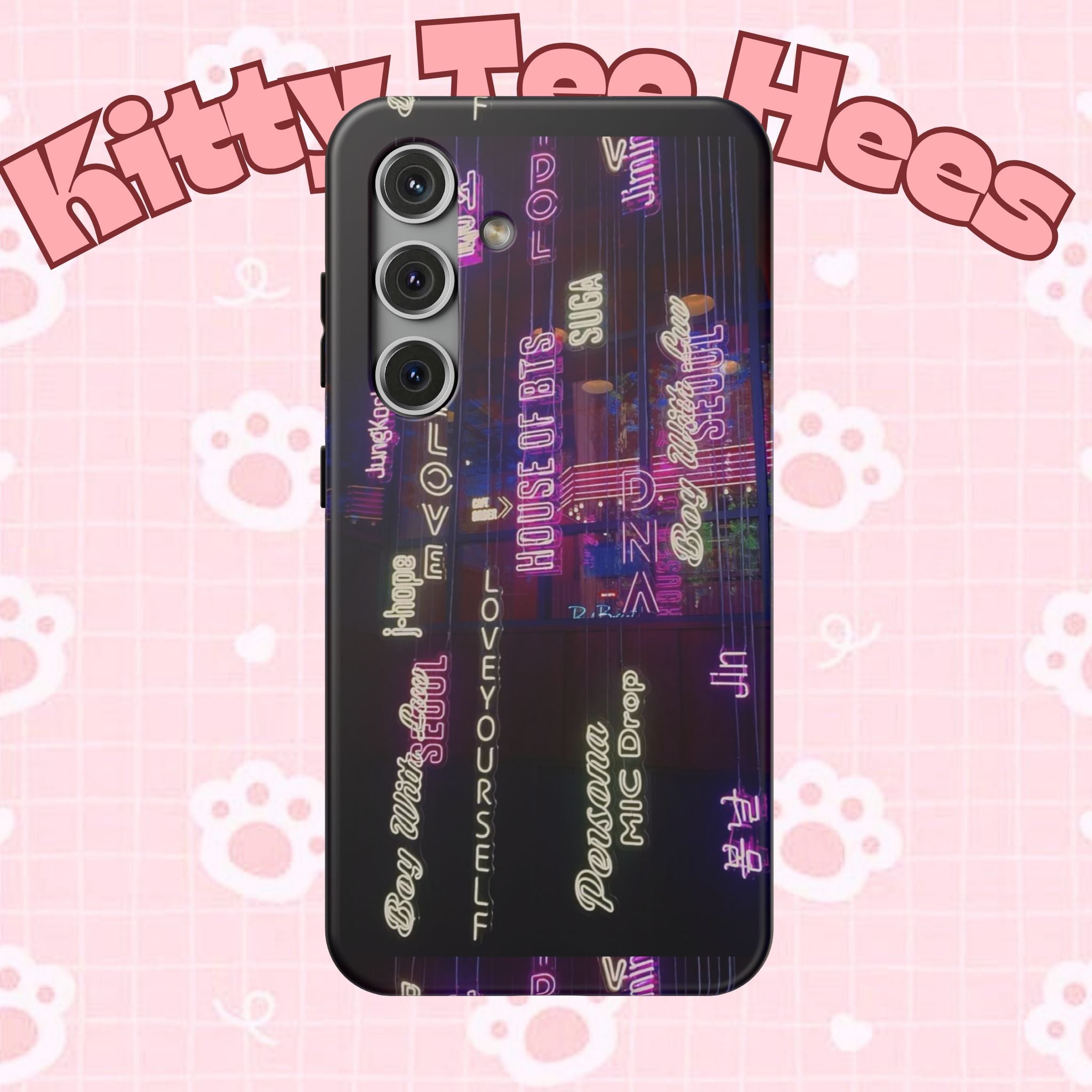Neon Korean script phone case for iPhone and Samsung, impact-resistant BTS phone case with bold design and vibrant colors.