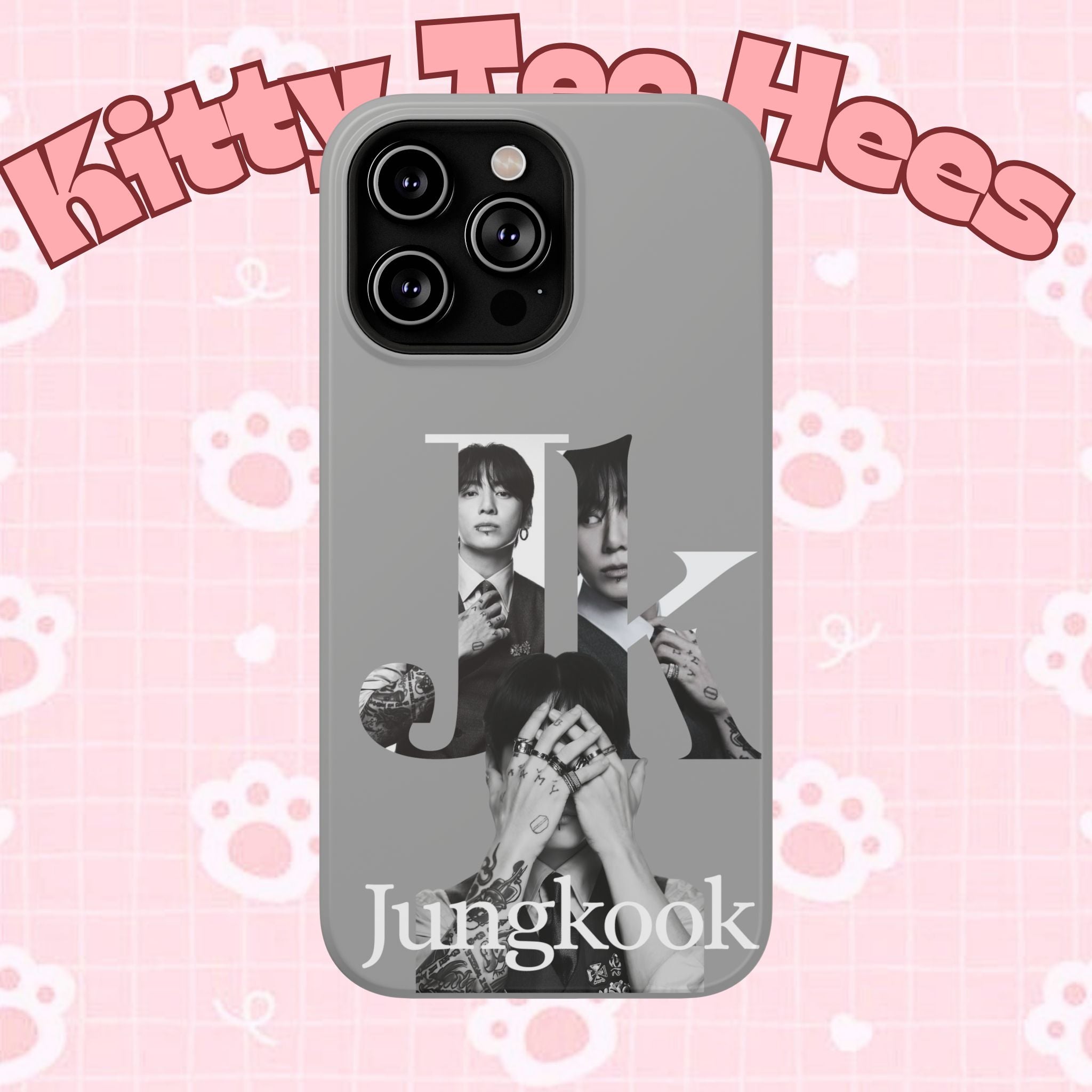 Monochrome BTS Jungkook phone case with letter design, impact-resistant Printify phone case featuring a sleek, modern style.
