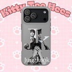 Monochrome BTS Jungkook phone case by Printify with impact-resistant design, featuring bold letter and Jungkook's image.