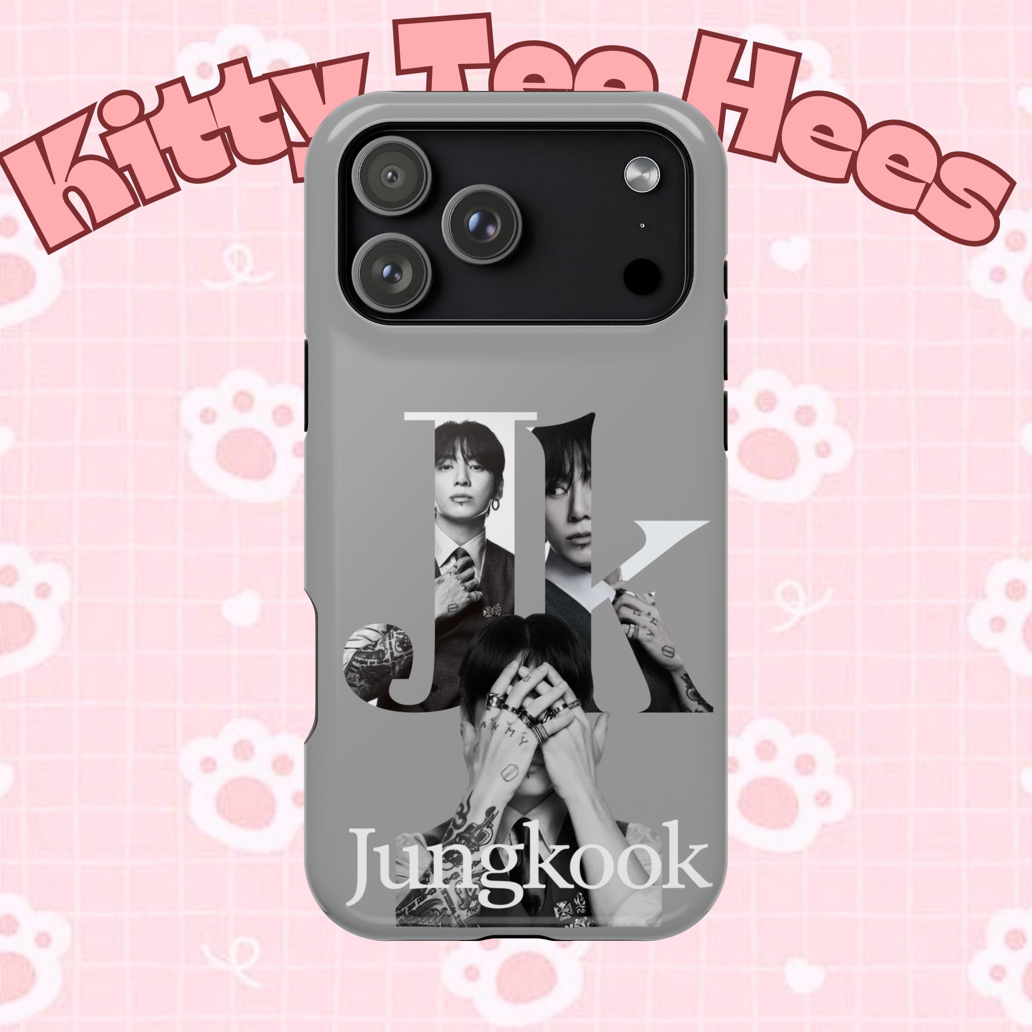 Monochrome BTS Jungkook phone case by Printify with impact-resistant design, featuring bold letter and Jungkook's image.