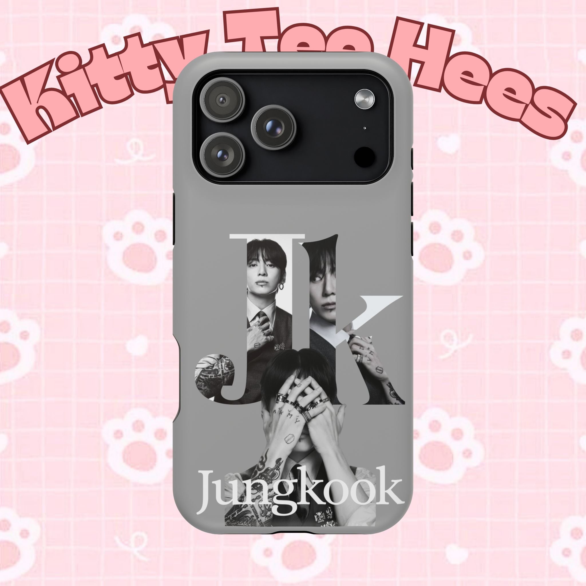 Printify BTS Jungkook monochrome letter phone case with impact-resistant design, featuring a sleek black and white artwork of Jungkook.
