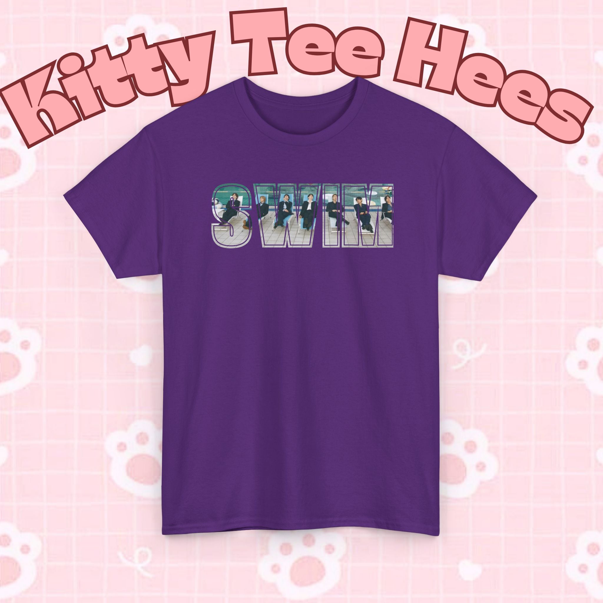 Printify BTS swim graphic T-shirt featuring a pool scene and "I could spend a lifetime watching you swim" design, BTS concert tee.