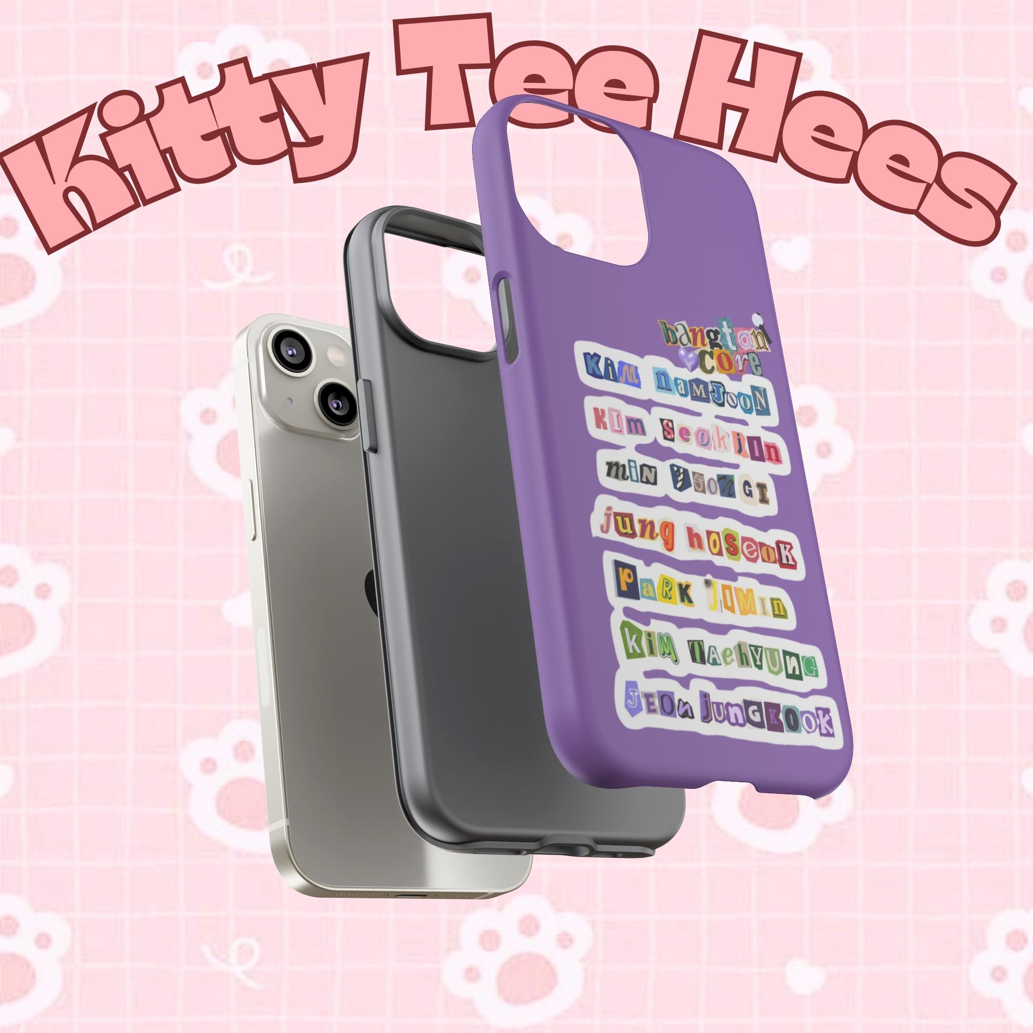 Printify BTS member names phone case featuring Jungkook, Jimin, and Rap Monster for iPhone 17, durable tough case design.
