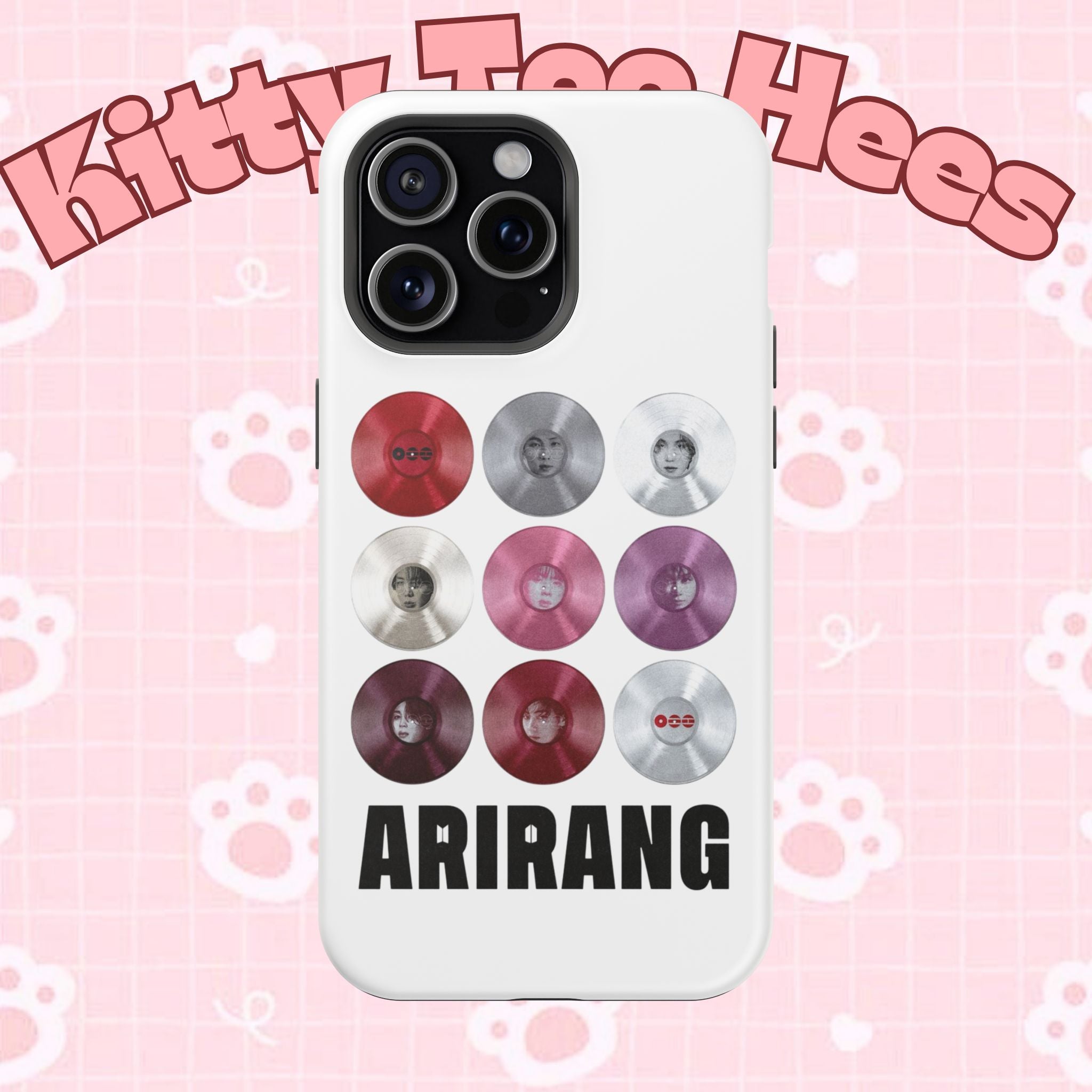 Printify BTS Arirang vinyl record grid phone case featuring cool BTS fan merch design, impact-resistant for iPhone or Android.