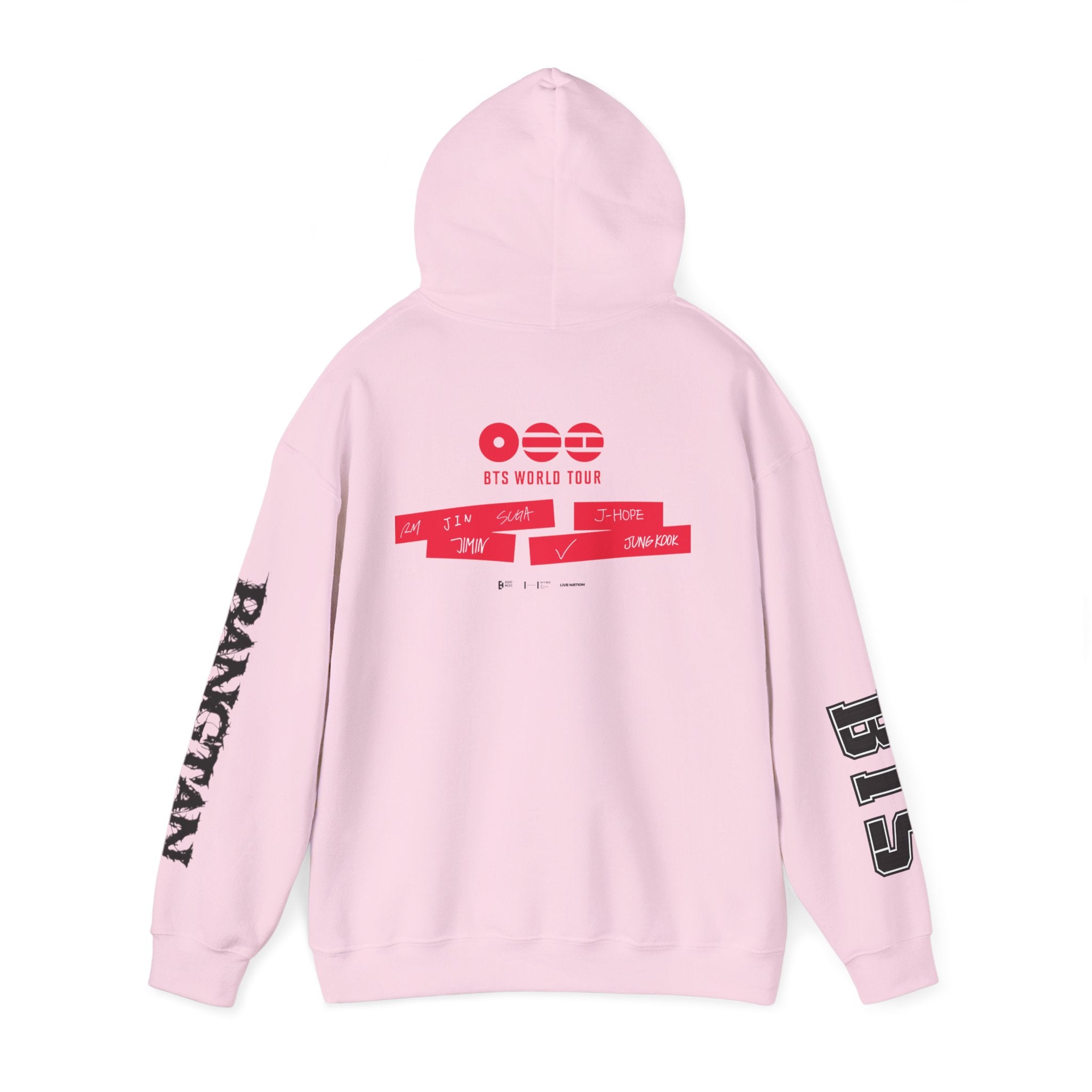 ARIRANG graphic hoodie from BTS World Tour with Bangtan sleeve design, casual sweatshirt featuring BTS-inspired artwork.