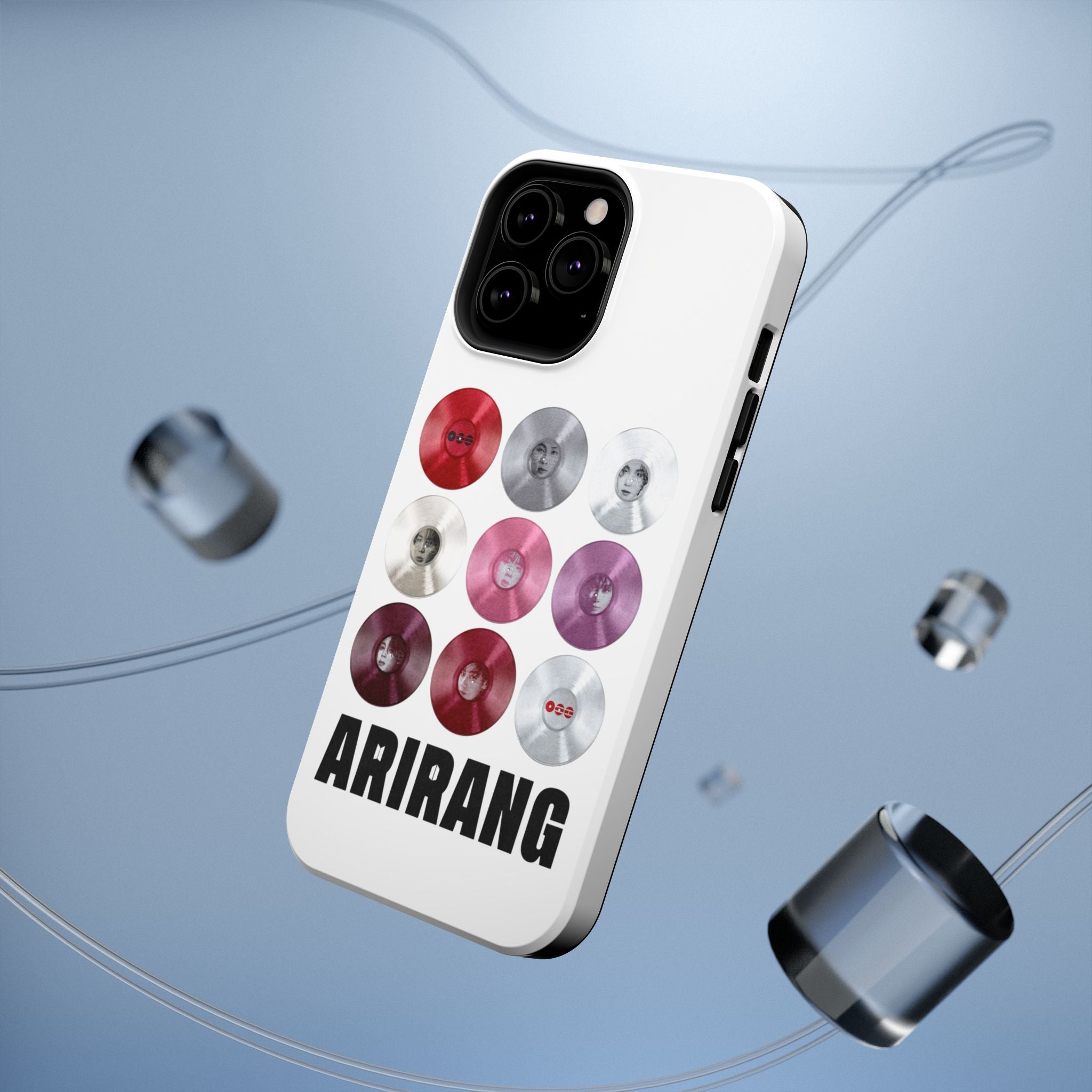 Impact-resistant phone case featuring BTS Arirang vinyl record grid design, ideal for BTS fans and collectible merch.