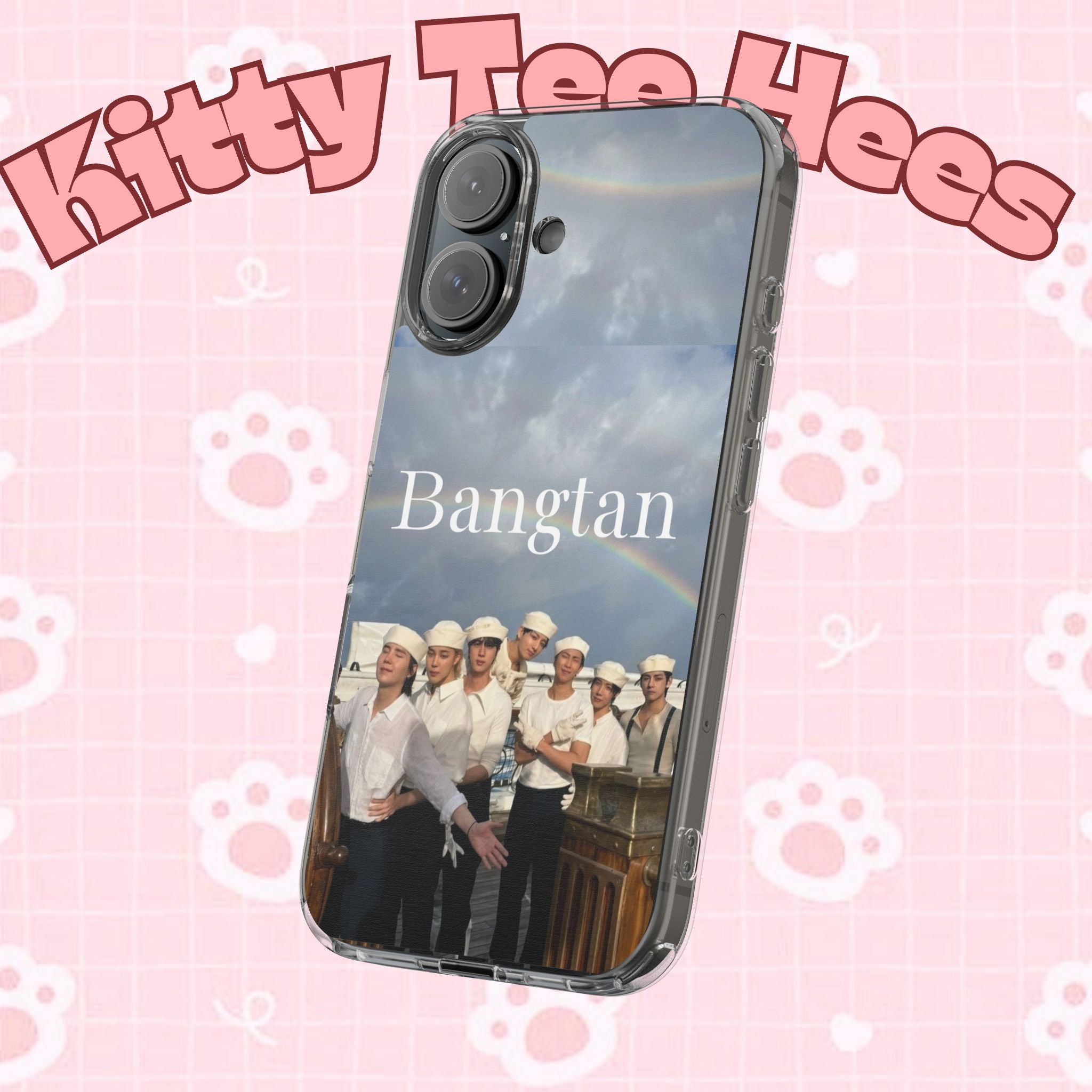 Clear impact-resistant Bangtan swim phone case with cute K-pop design for smartphones, by Printify.