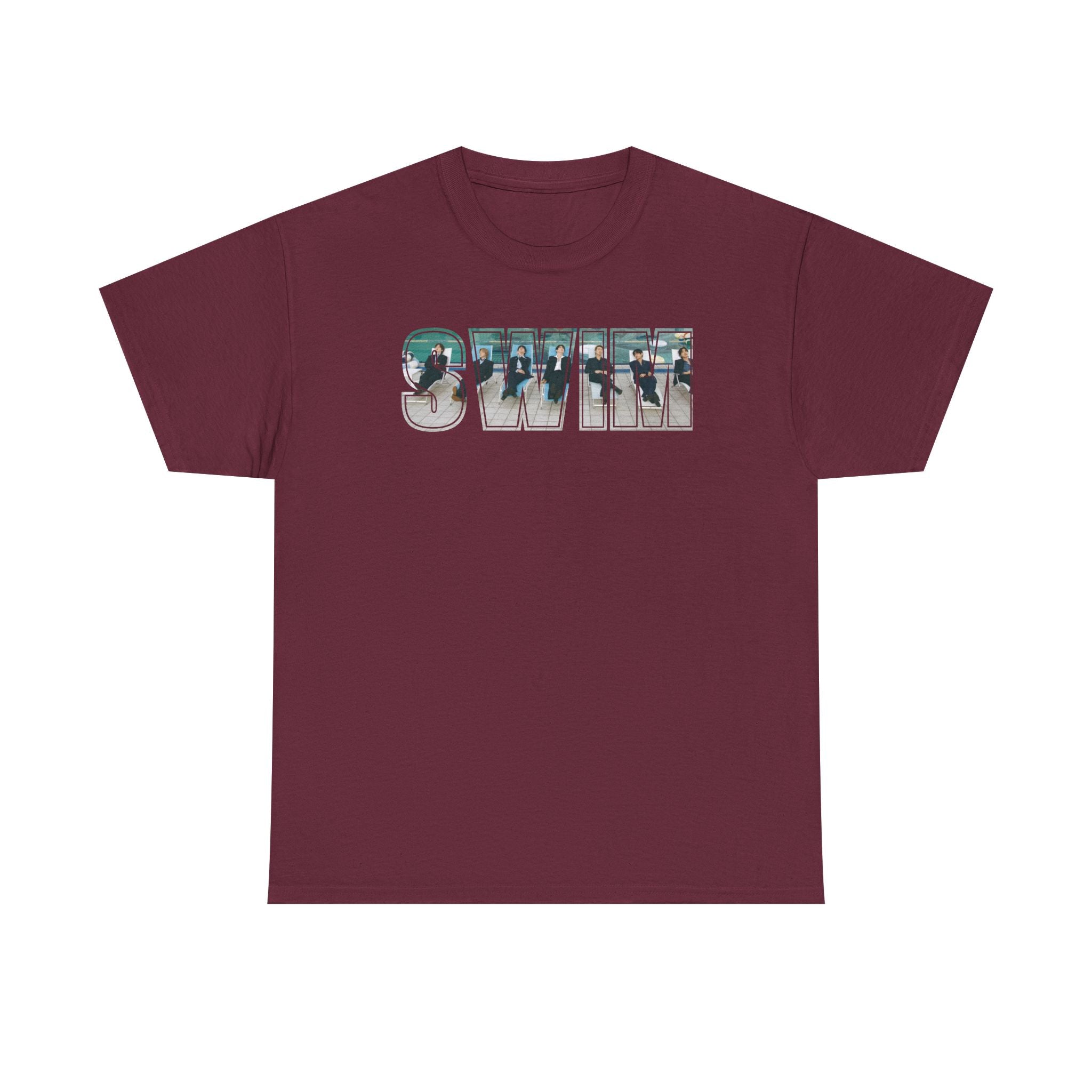 Printify BTS swim graphic T-shirt featuring Arirang BTS pool design and "I could spend a lifetime watching you swim" text.