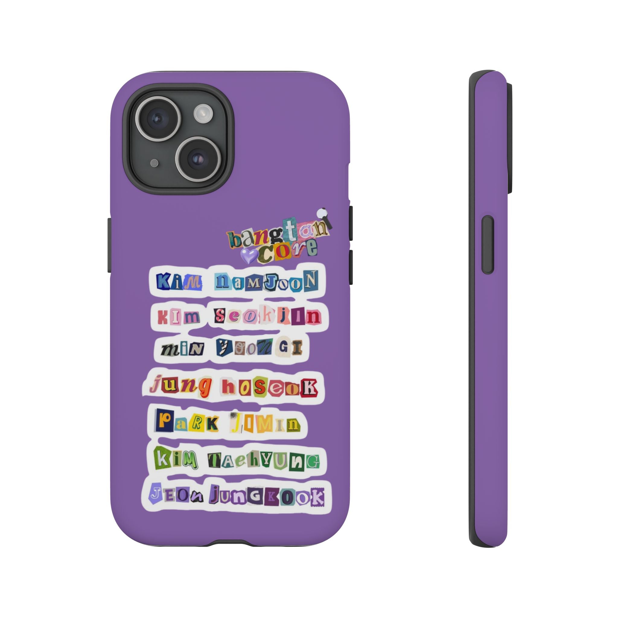 BTS member names phone case featuring Jungkook, Jimin, and RM for iPhone 17, tough protective case by Printify