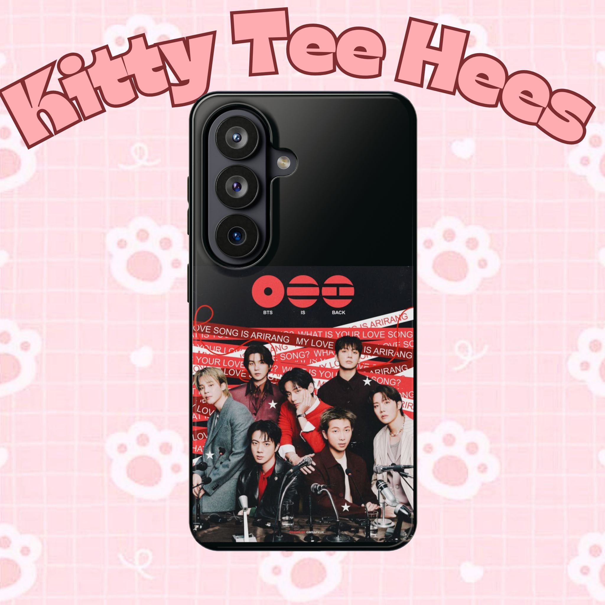 BTS Arirang phone case with Bangtan concert design, impact-resistant K-Pop band photo phone case by Printify.
