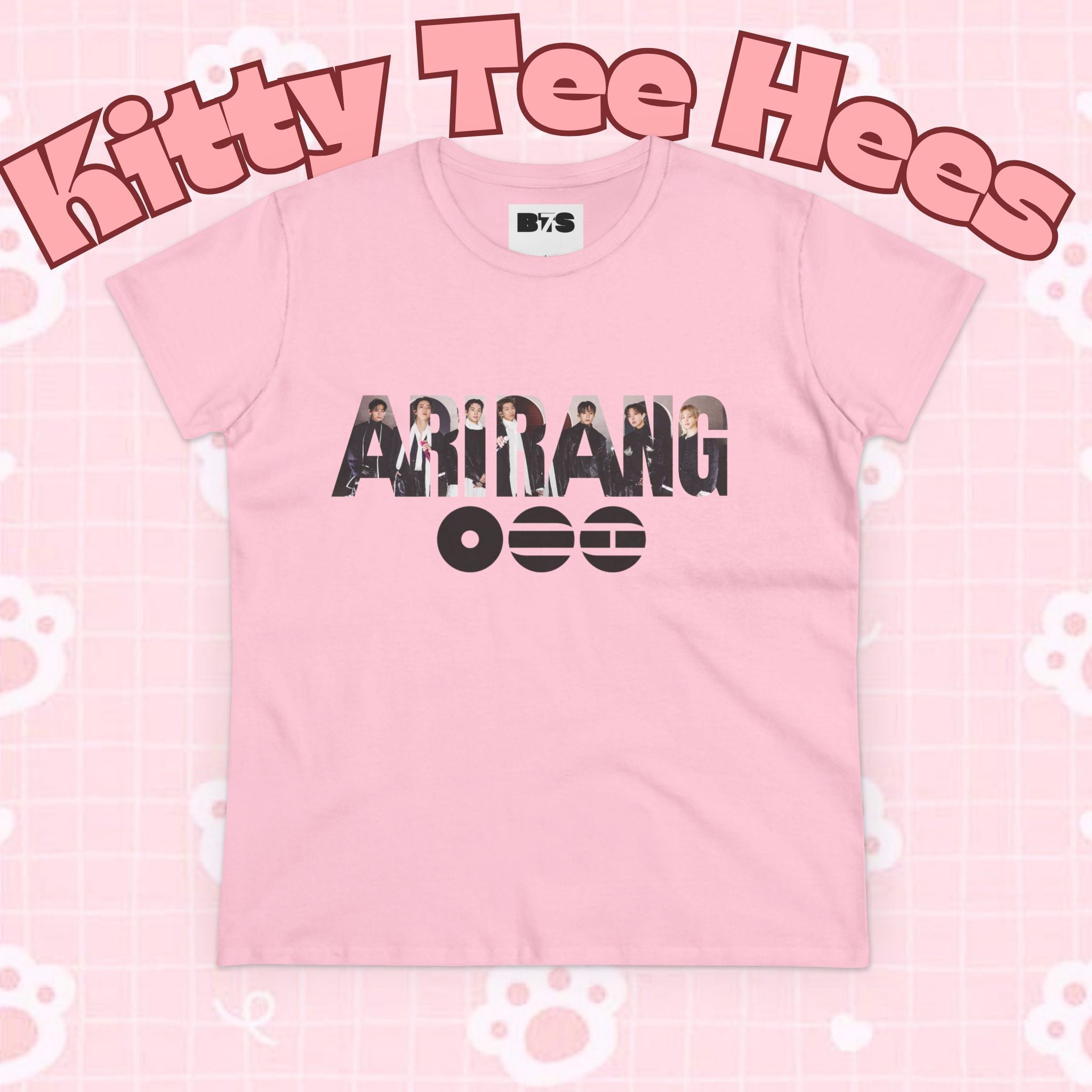 BTS ARIRANG graphic T-shirt featuring BTS logo and member names, casual cotton tee by Printify with colorful design.