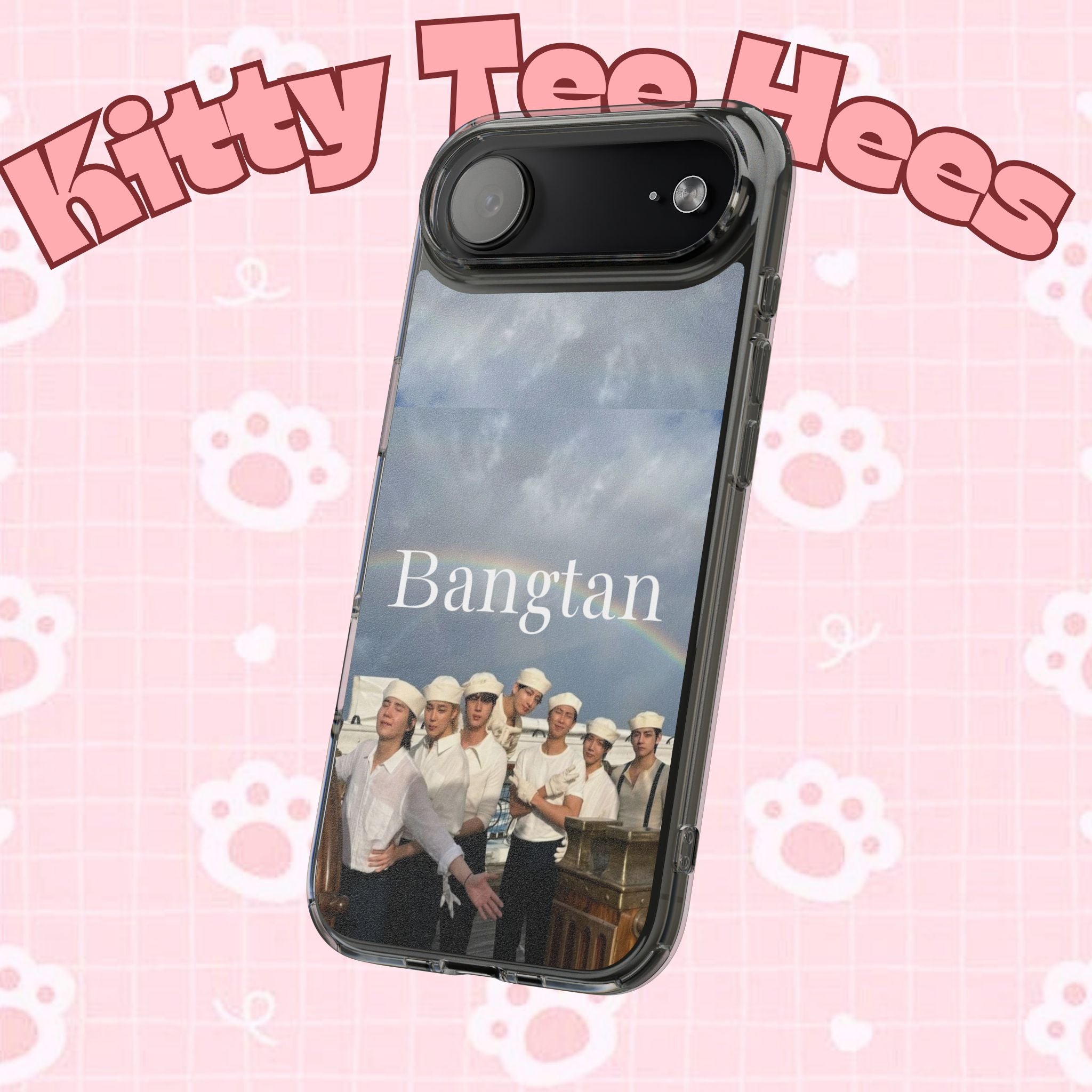 Clear impact-resistant phone case featuring cute Bangtan Boys K-pop design for a smartphone.