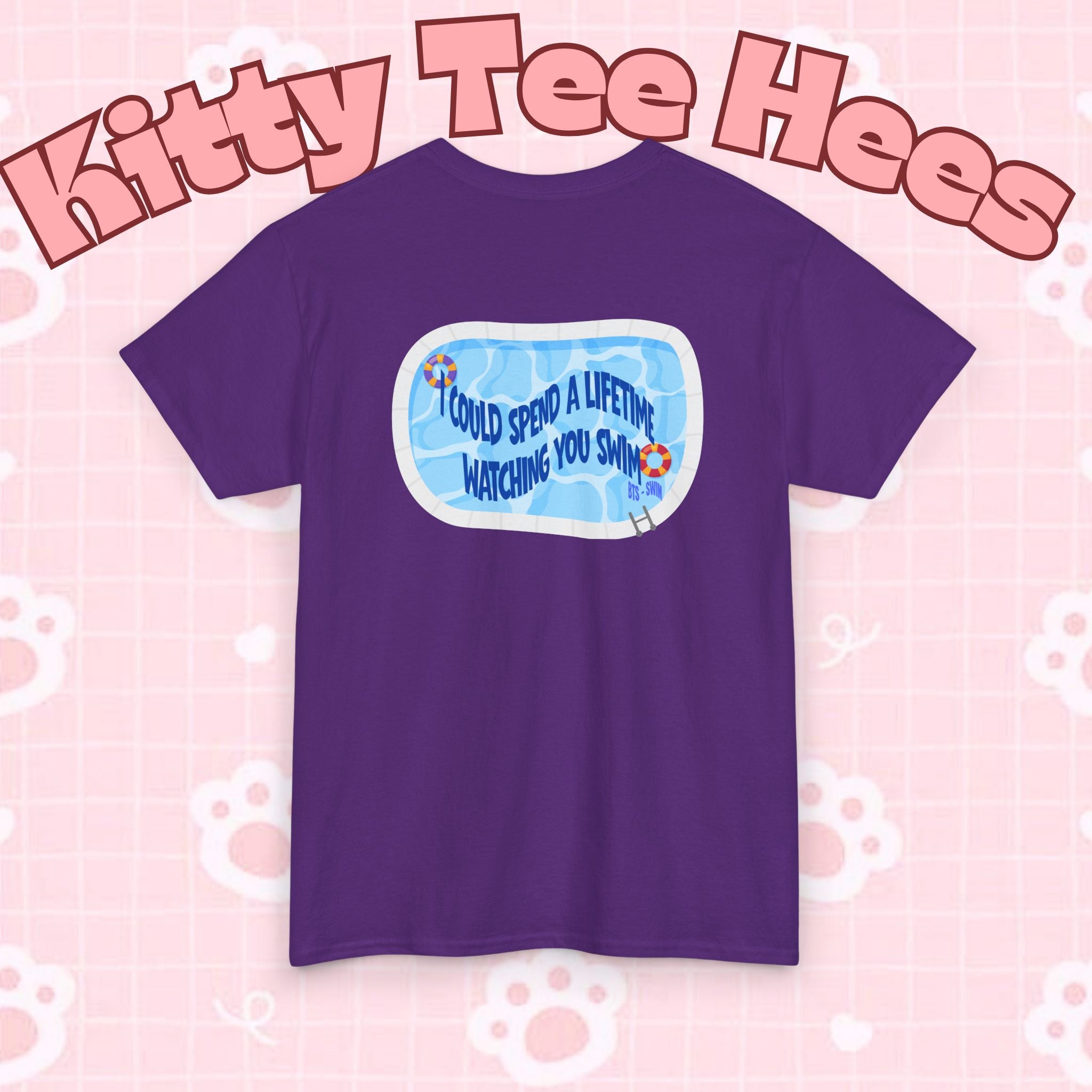 Printify BTS swim graphic T-shirt featuring a pool scene and "I could spend a lifetime watching you swim" text, casual concert tee.