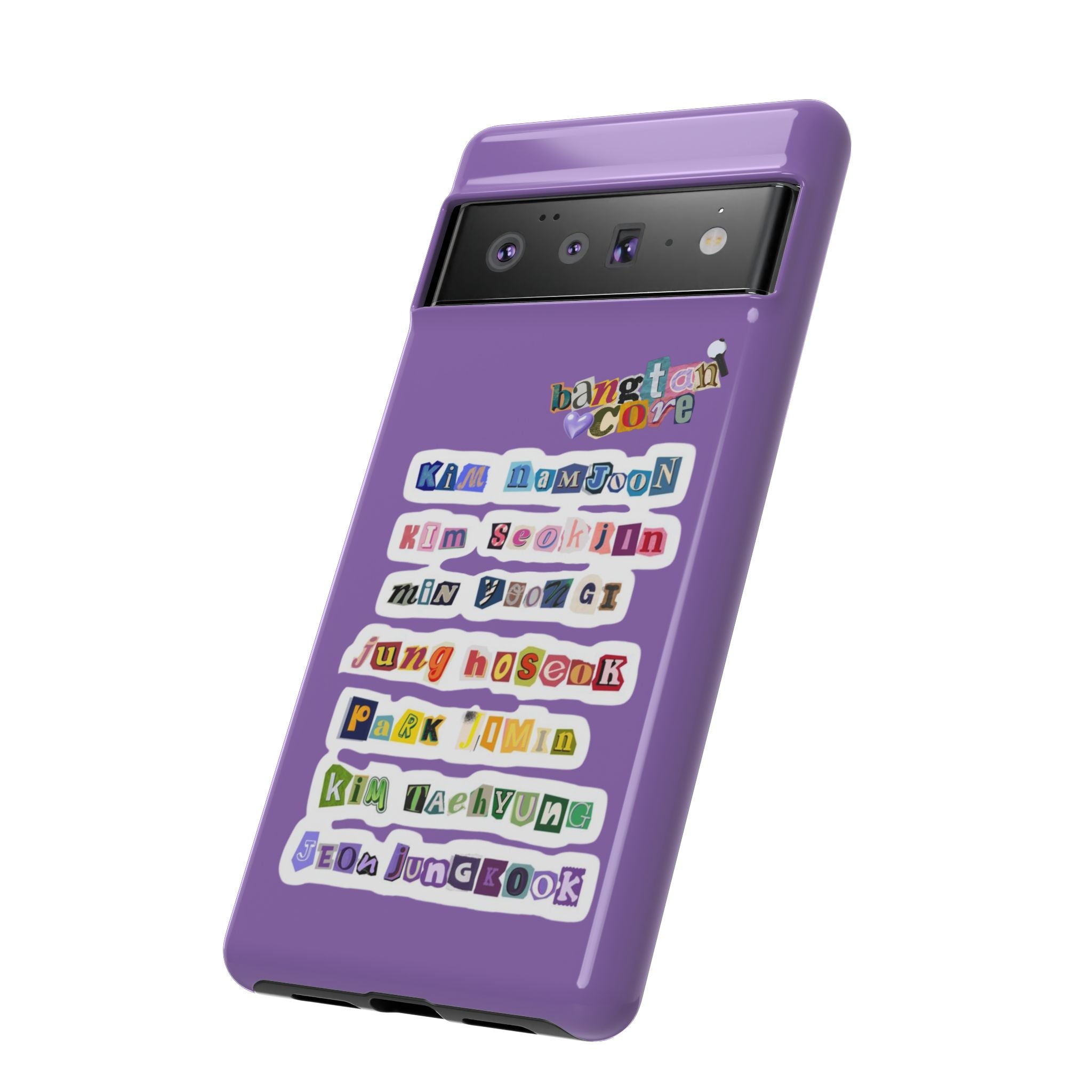 Printify BTS member names phone case featuring Jungkook, Jimin, and Rap Monster for iPhone 17, with a durable tough case design.