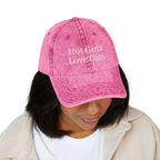 Vintage style embroidered hat featuring "Hot Girls Love Cats" design, casual wear accessory, perfect for fans of vintage and cats.