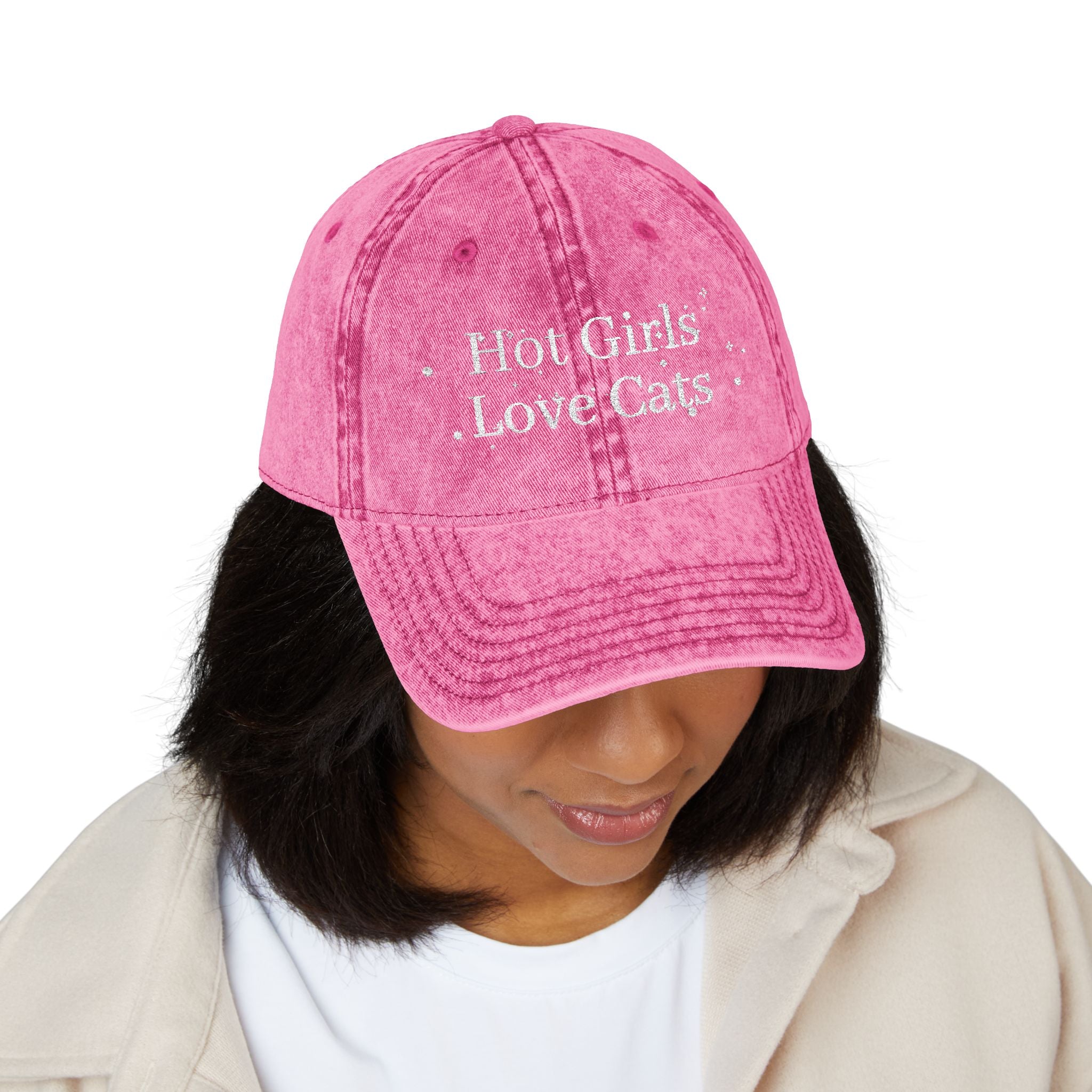 Vintage style embroidered hat featuring "Hot Girls Love Cats" design, casual wear accessory, perfect for fans of vintage and cats.