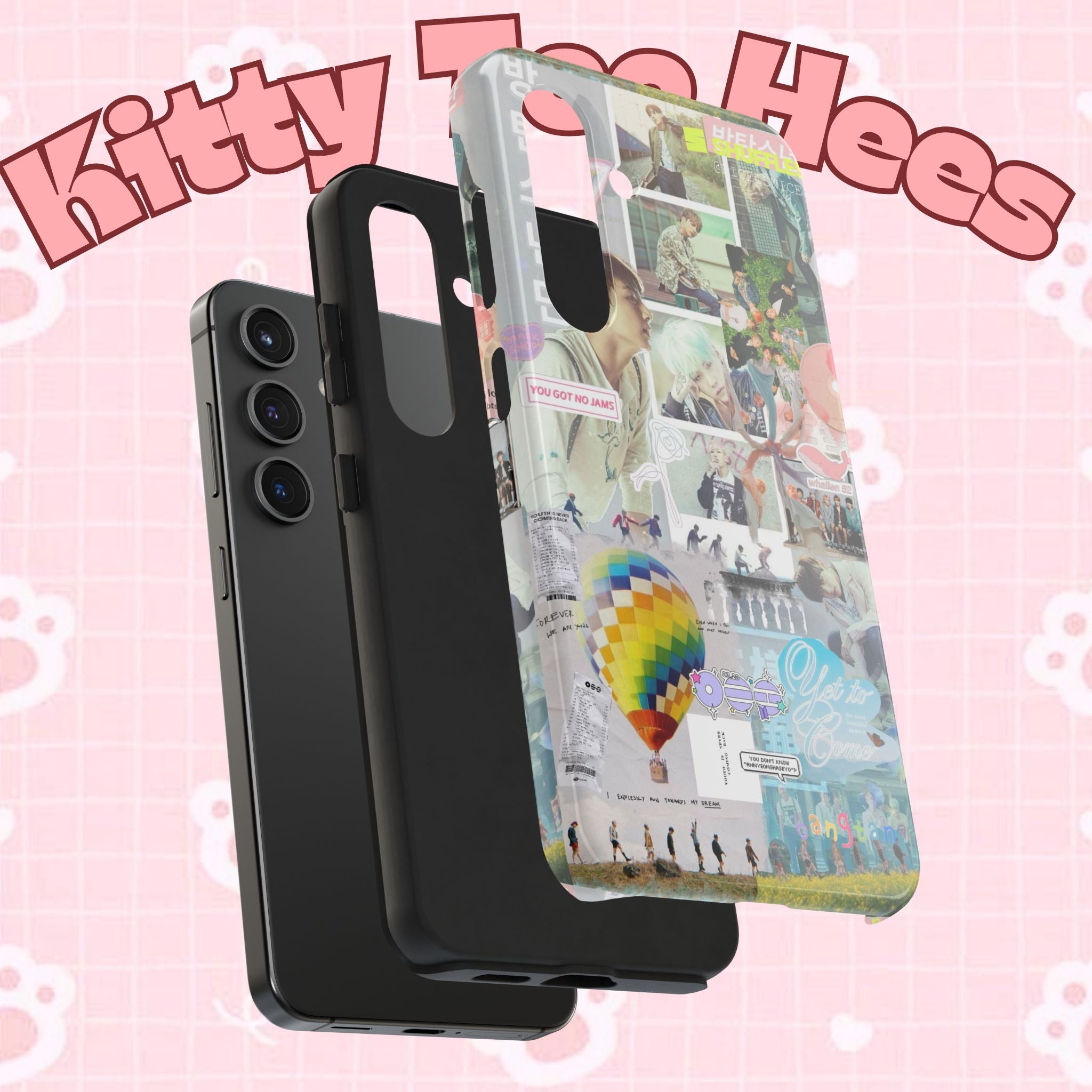 Printify BTS collage phone case for iPhone and Samsung featuring pastel hot air balloon and K-Pop photo collage design.