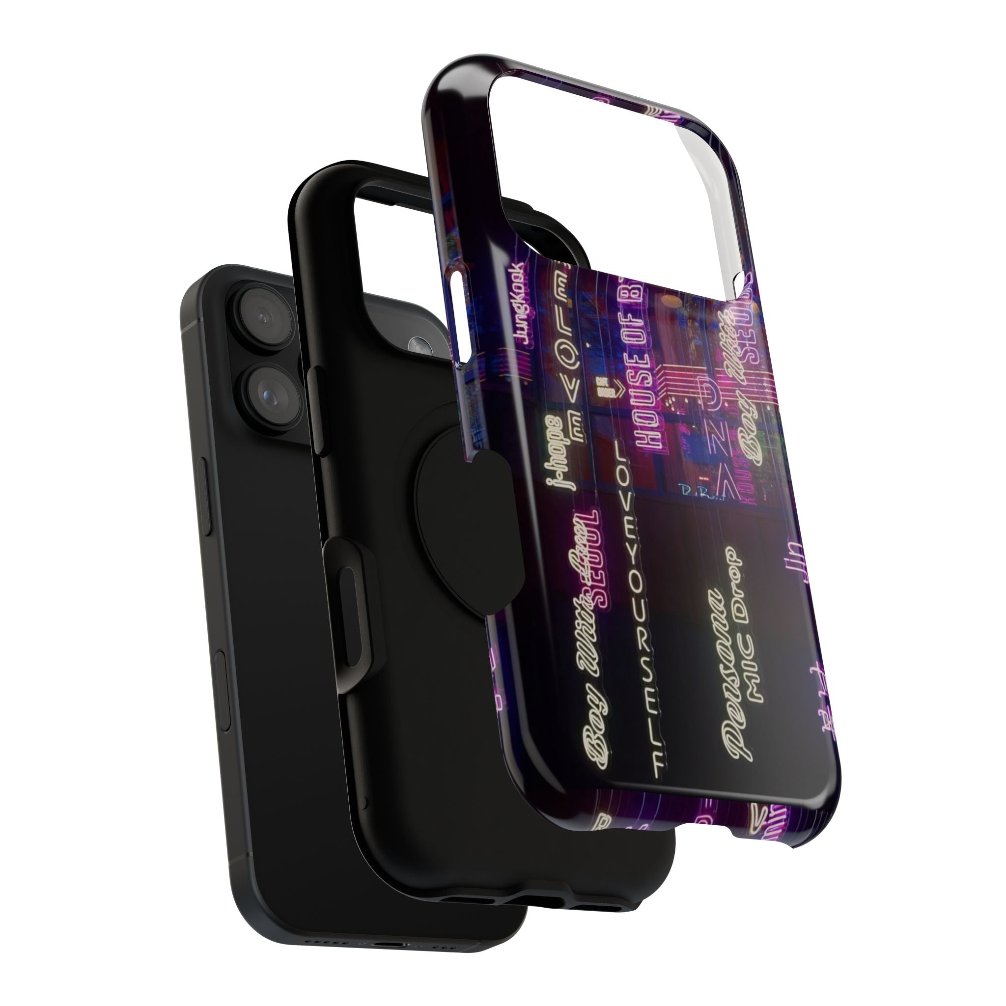 Neon Korean script BTS phone case for iPhone and Samsung, impact-resistant printed case featuring Bangtan Sonyeondan design.