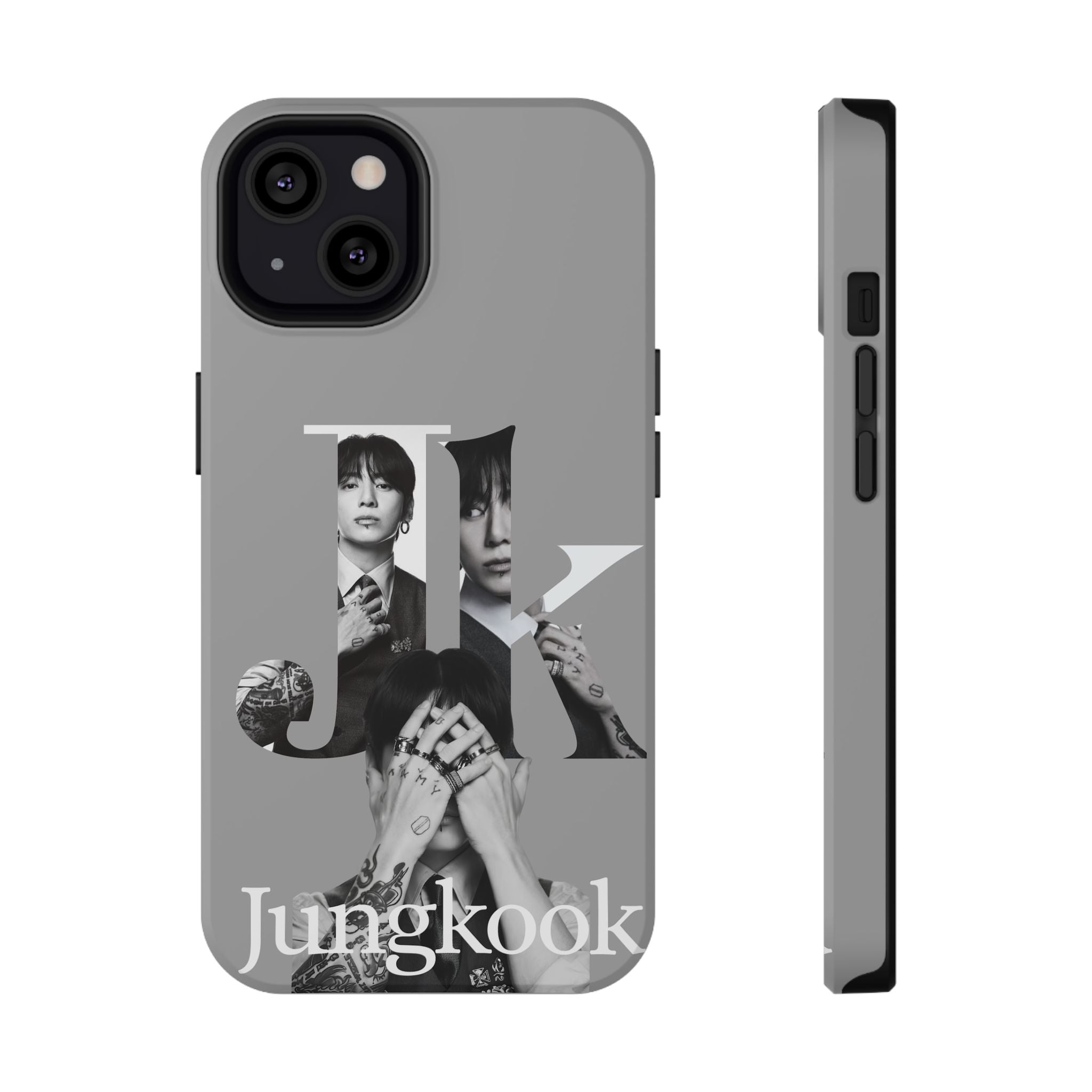 Monochrome BTS Jungkook phone case with letter design, impact-resistant Printify case showcasing a sleek and stylish look.